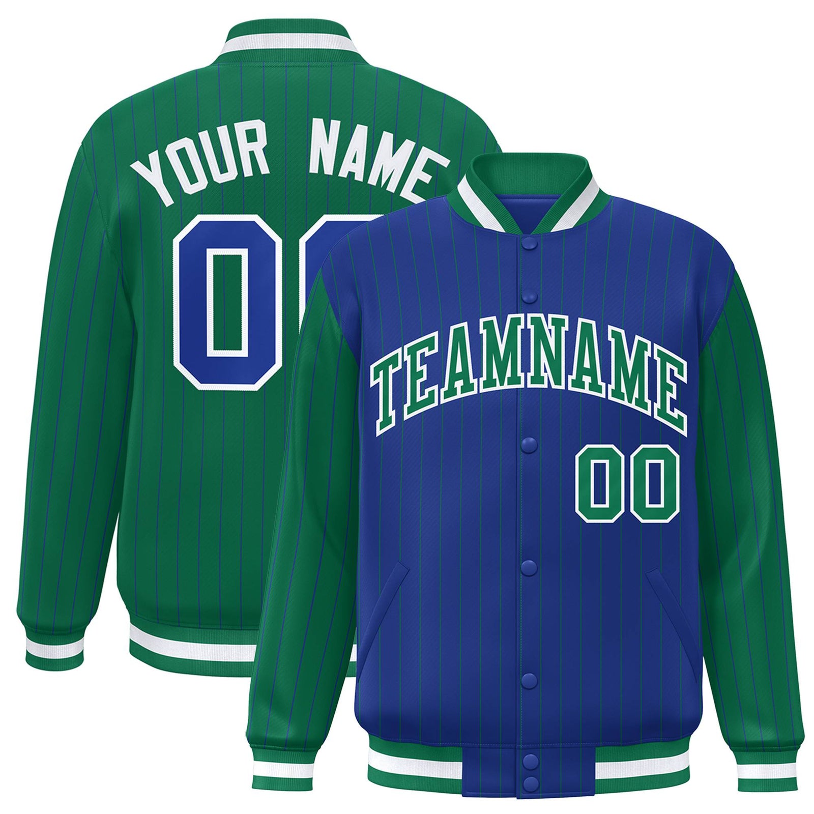 Custom Royal Blue Kelly Green-Royal Blue Personalized Stripe Fashion Letterman Bomber Varsity Jacket