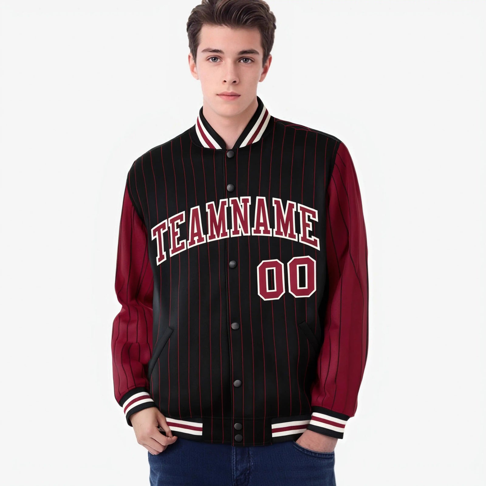 Custom Black Crimson-Black Personalized Stripe Fashion Letterman Bomber Varsity Jacket