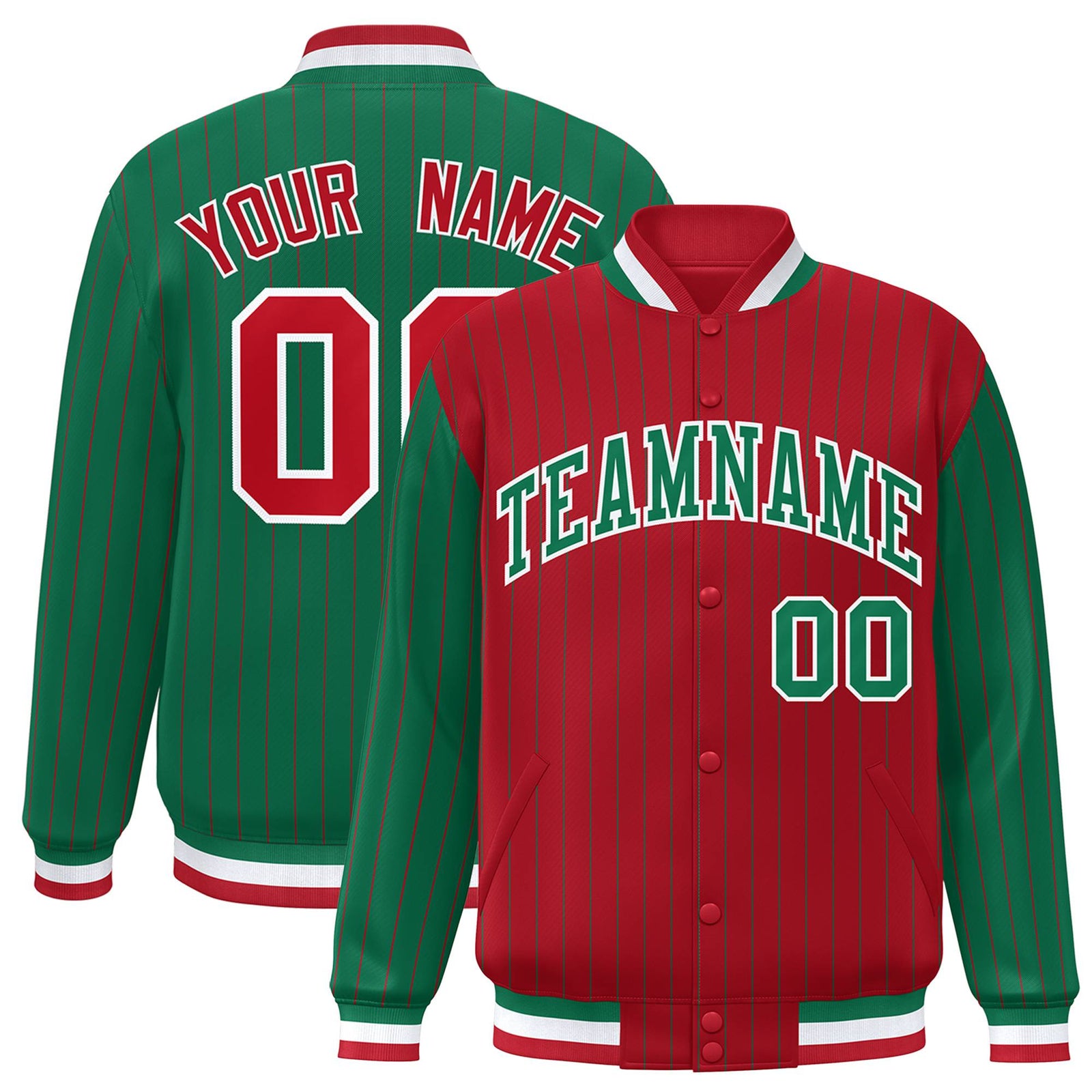 Custom Red Green-Red Personalized Stripe Fashion Letterman Bomber Varsity Jacket