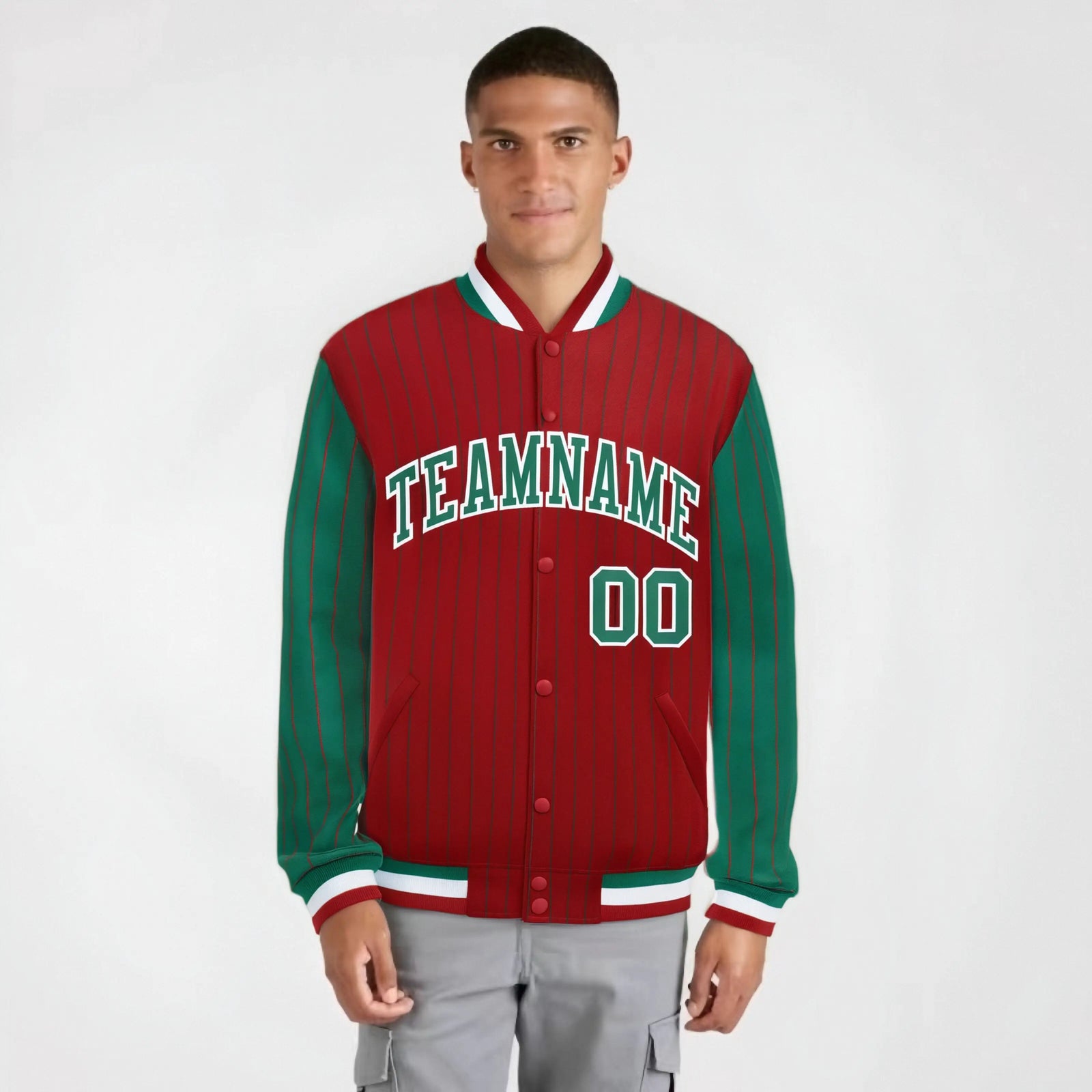 Custom Red Green-Red Personalized Stripe Fashion Letterman Bomber Varsity Jacket