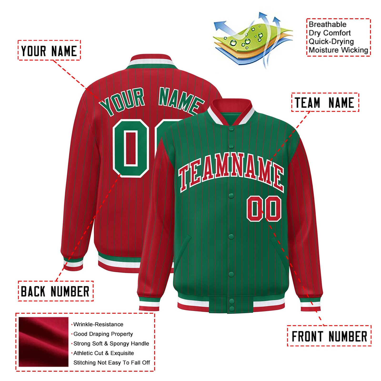 Custom Green Red-Green Personalized Stripe Fashion Letterman Bomber Varsity Jacket