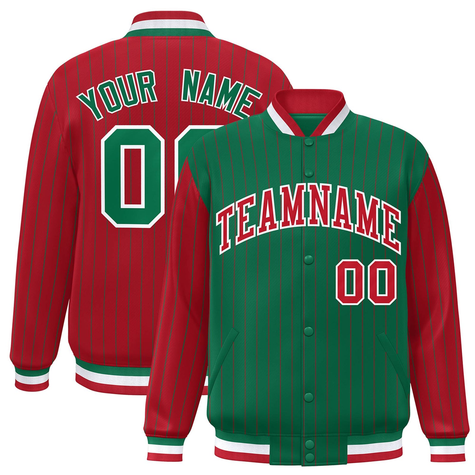 Custom Green Red-Green Personalized Stripe Fashion Letterman Bomber Varsity Jacket
