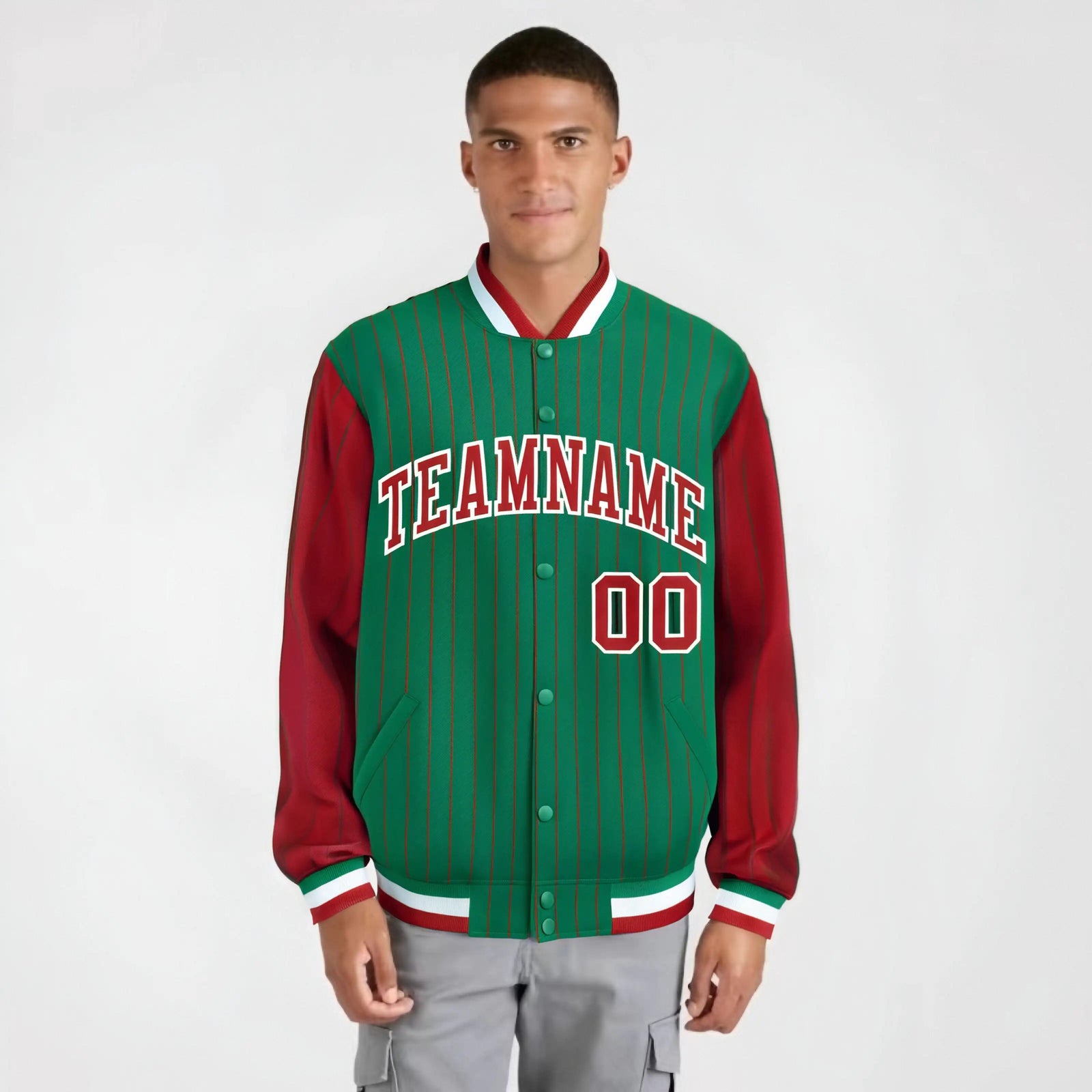Custom Green Red-Green Personalized Stripe Fashion Letterman Bomber Varsity Jacket