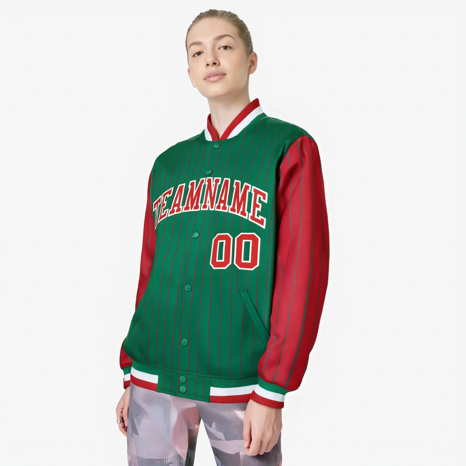 Custom Green Red-Green Personalized Stripe Fashion Letterman Bomber Varsity Jacket