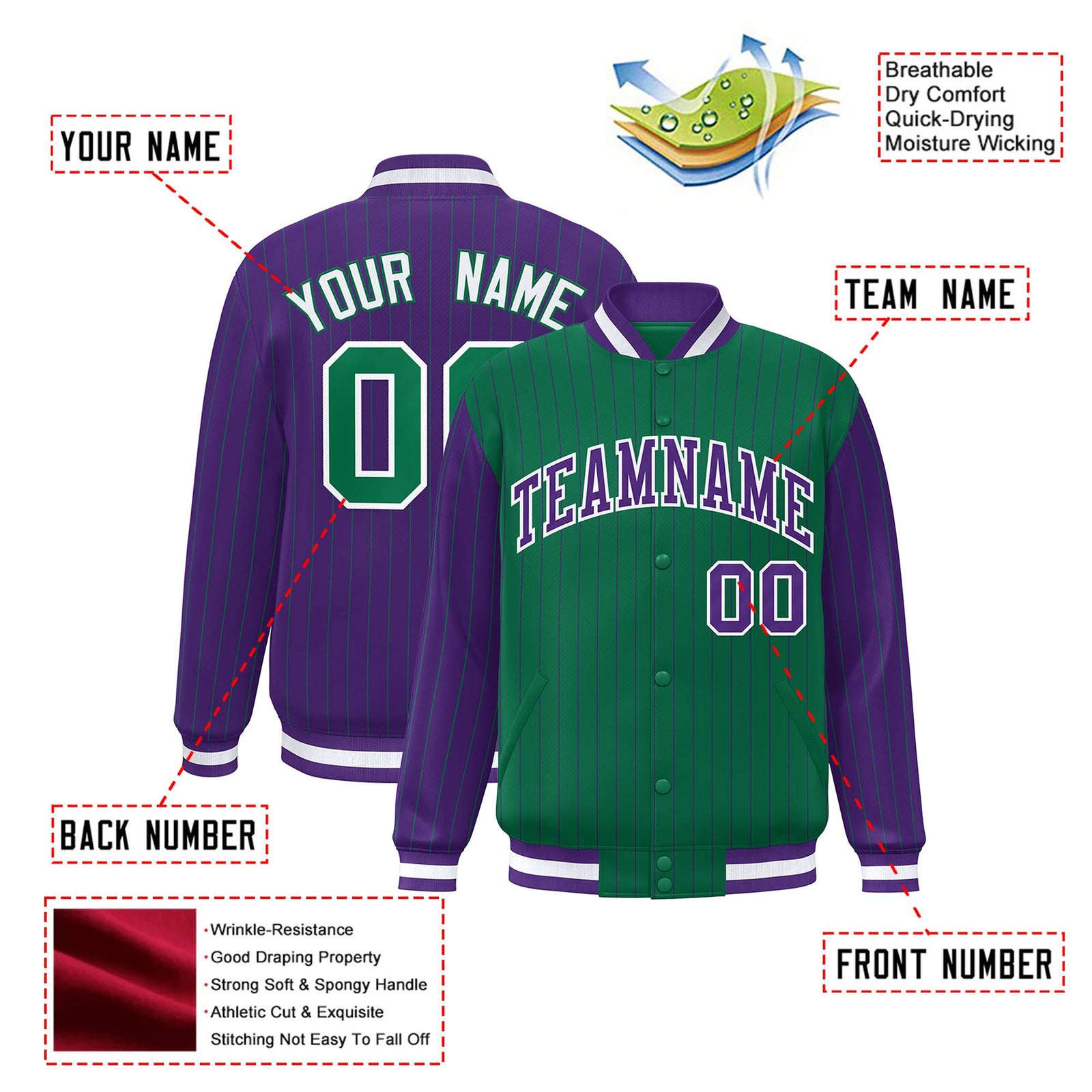 Custom Green Purple-Green Personalized Stripe Fashion Letterman Bomber Varsity Jacket