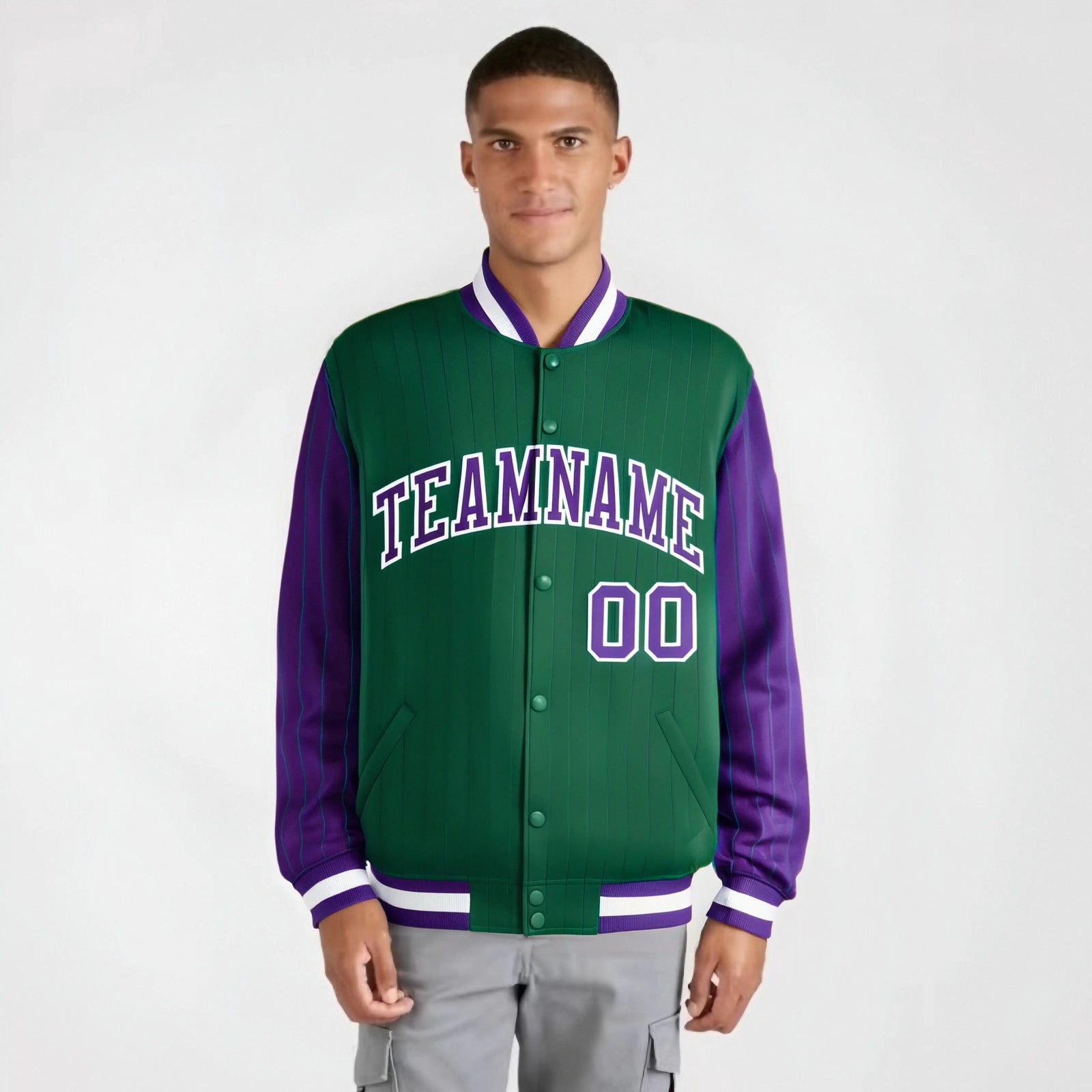 Custom Green Purple-Green Personalized Stripe Fashion Letterman Bomber Varsity Jacket