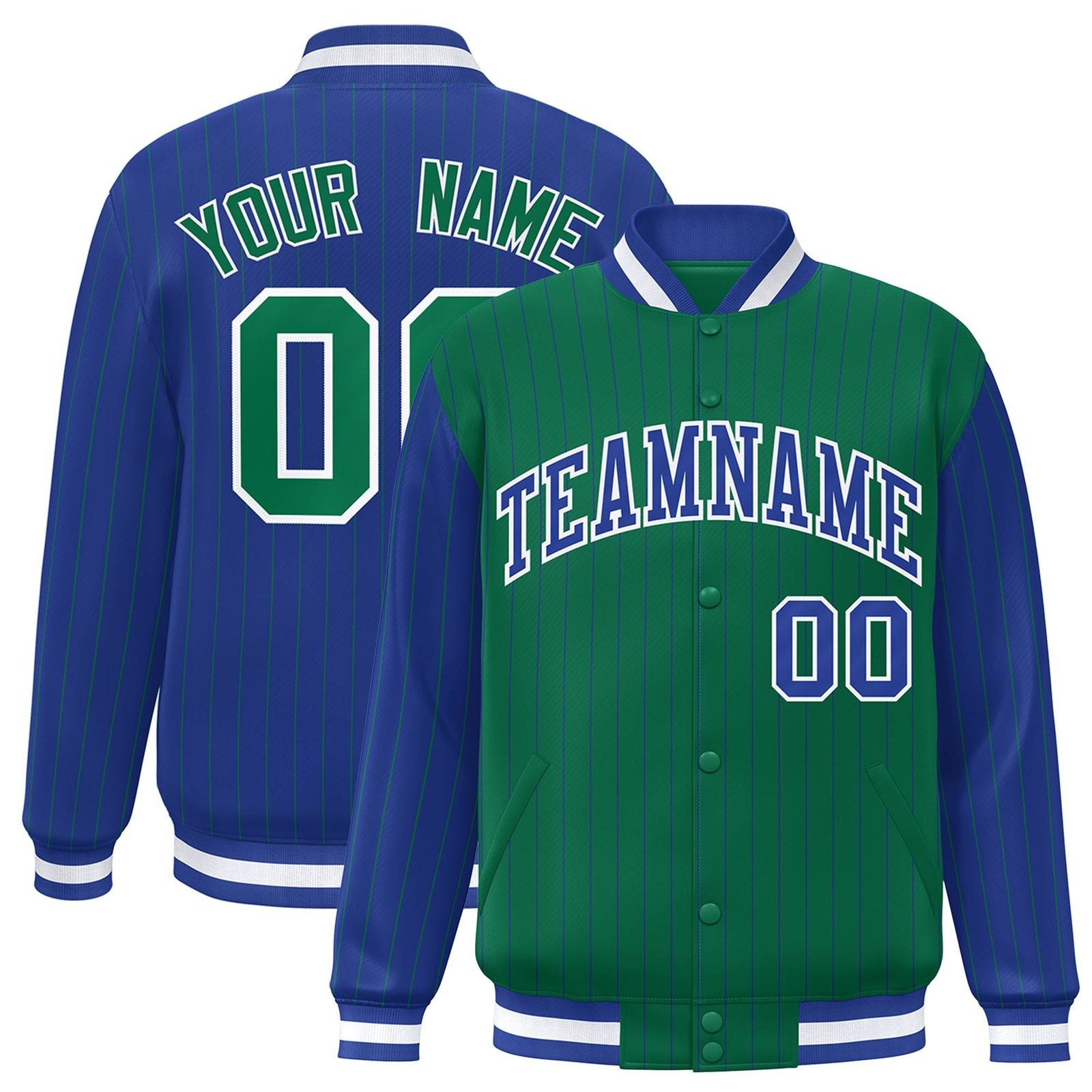 Custom Green Royal Blue-Green Personalized Stripe Fashion Letterman Bomber Varsity Jacket