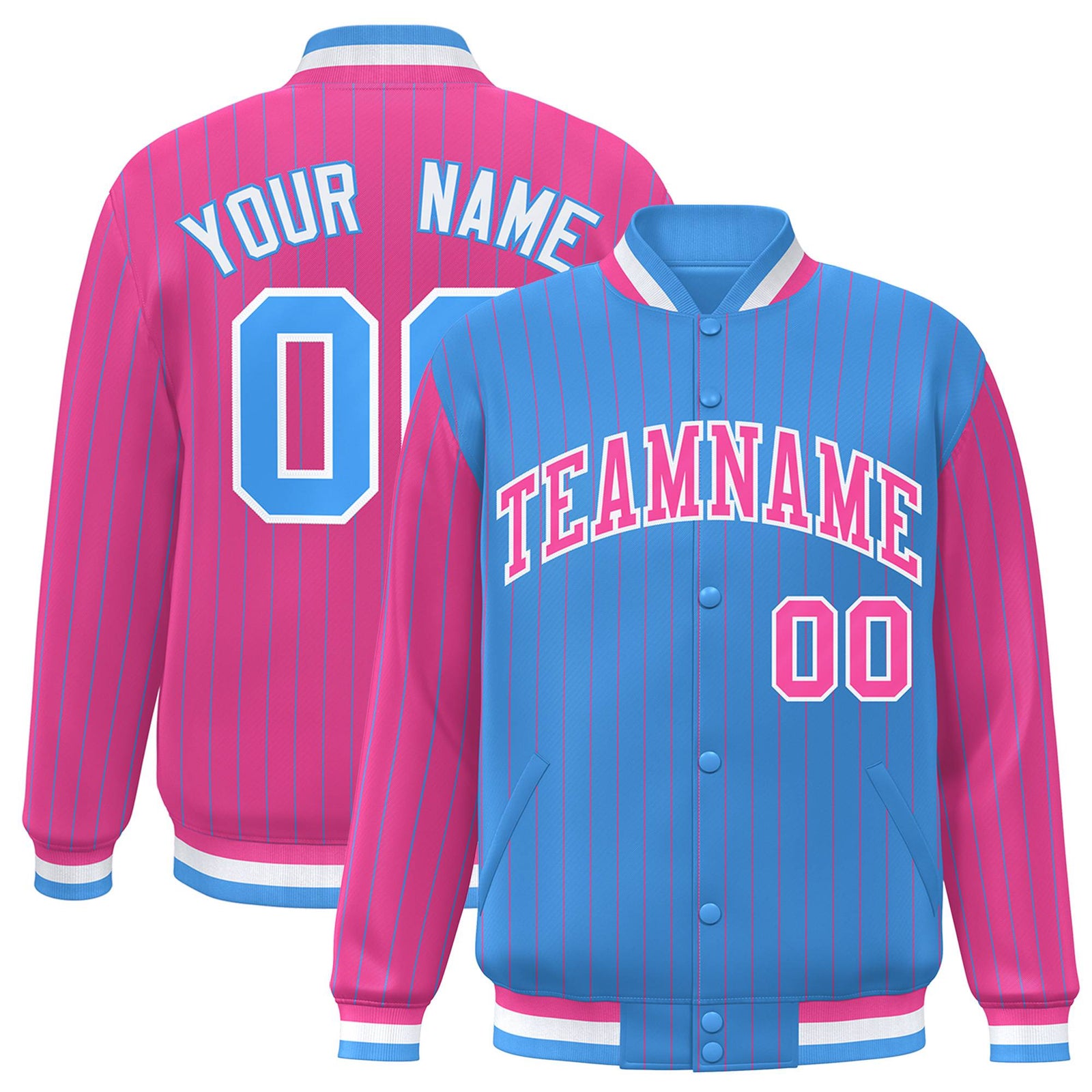 Custom Powder Blue Pink-Powder Blue Personalized Stripe Fashion Letterman Bomber Varsity Jacket
