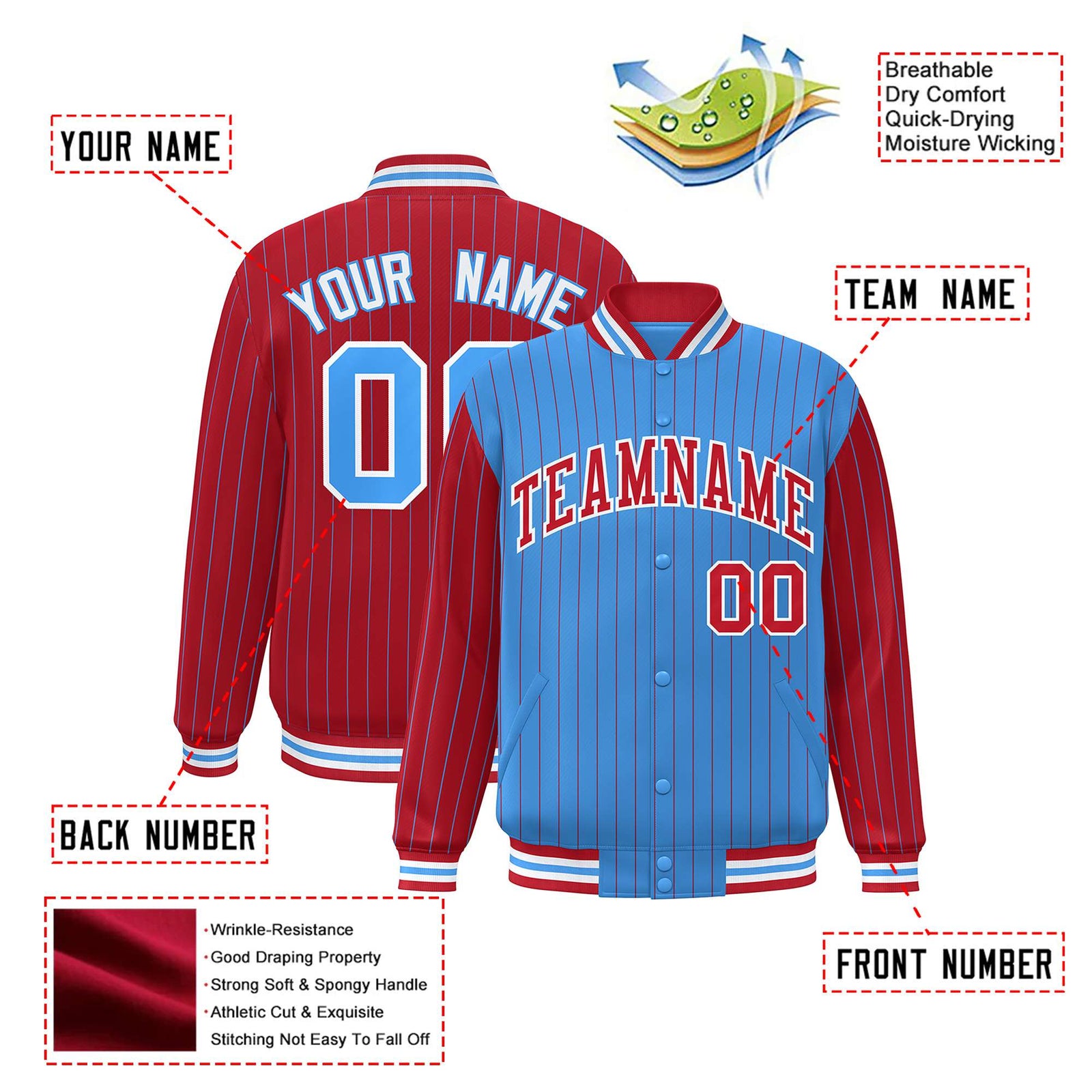 Custom Powder Blue Red-Powder Blue Personalized Stripe Fashion Letterman Bomber Varsity Jacket