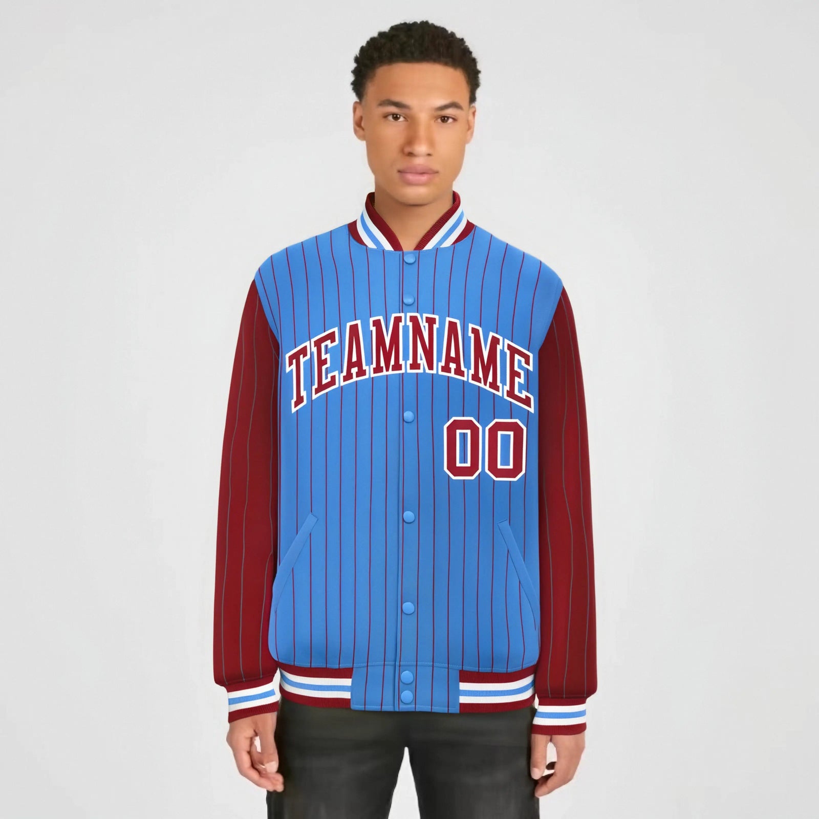 Custom Powder Blue Red-Powder Blue Personalized Stripe Fashion Letterman Bomber Varsity Jacket