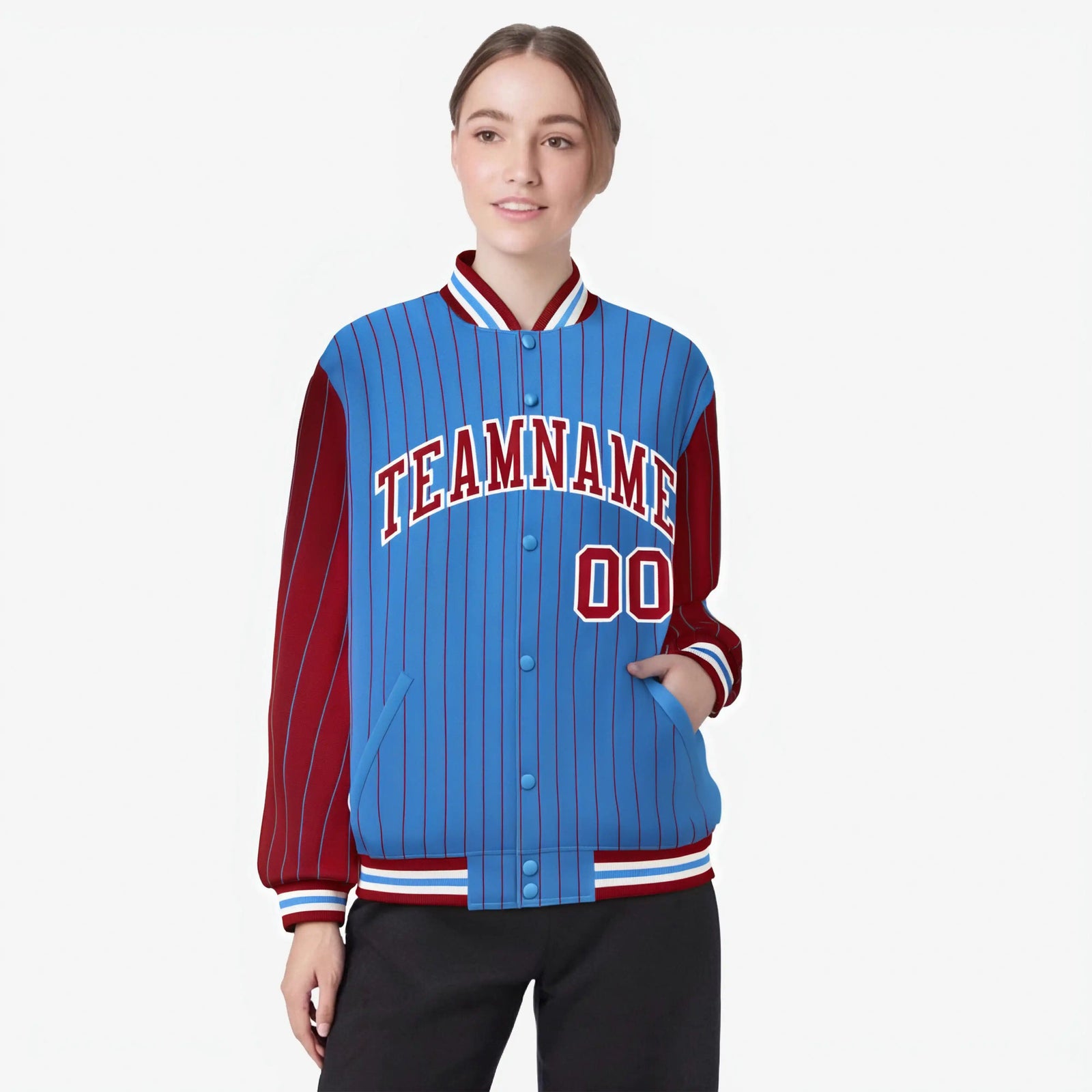 Custom Powder Blue Red-Powder Blue Personalized Stripe Fashion Letterman Bomber Varsity Jacket