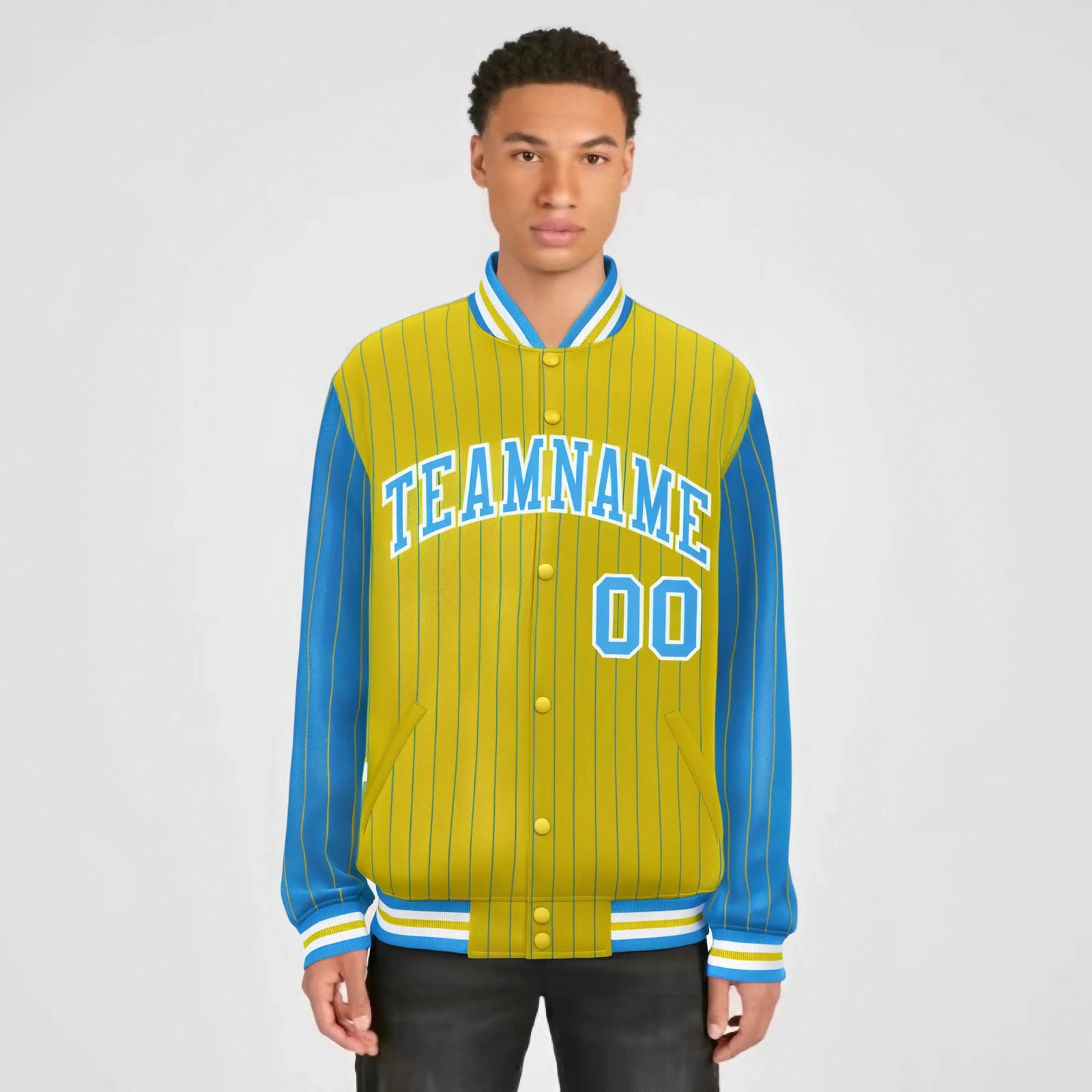 Custom Powder Blue Gold-Powder Blue Personalized Stripe Fashion Letterman Bomber Varsity Jacket