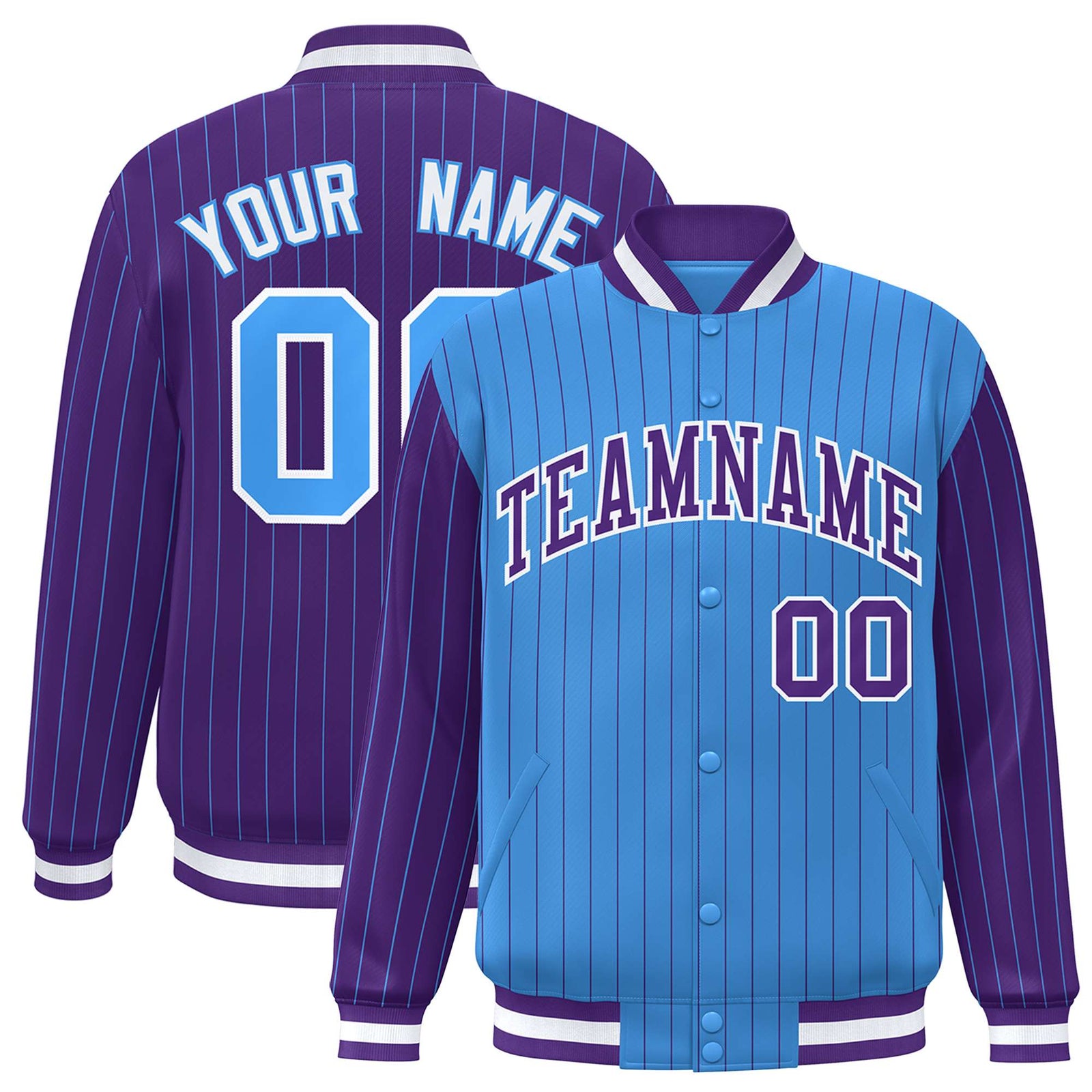 Custom Powder Blue Purple-Powder Blue Personalized Stripe Fashion Letterman Bomber Varsity Jacket