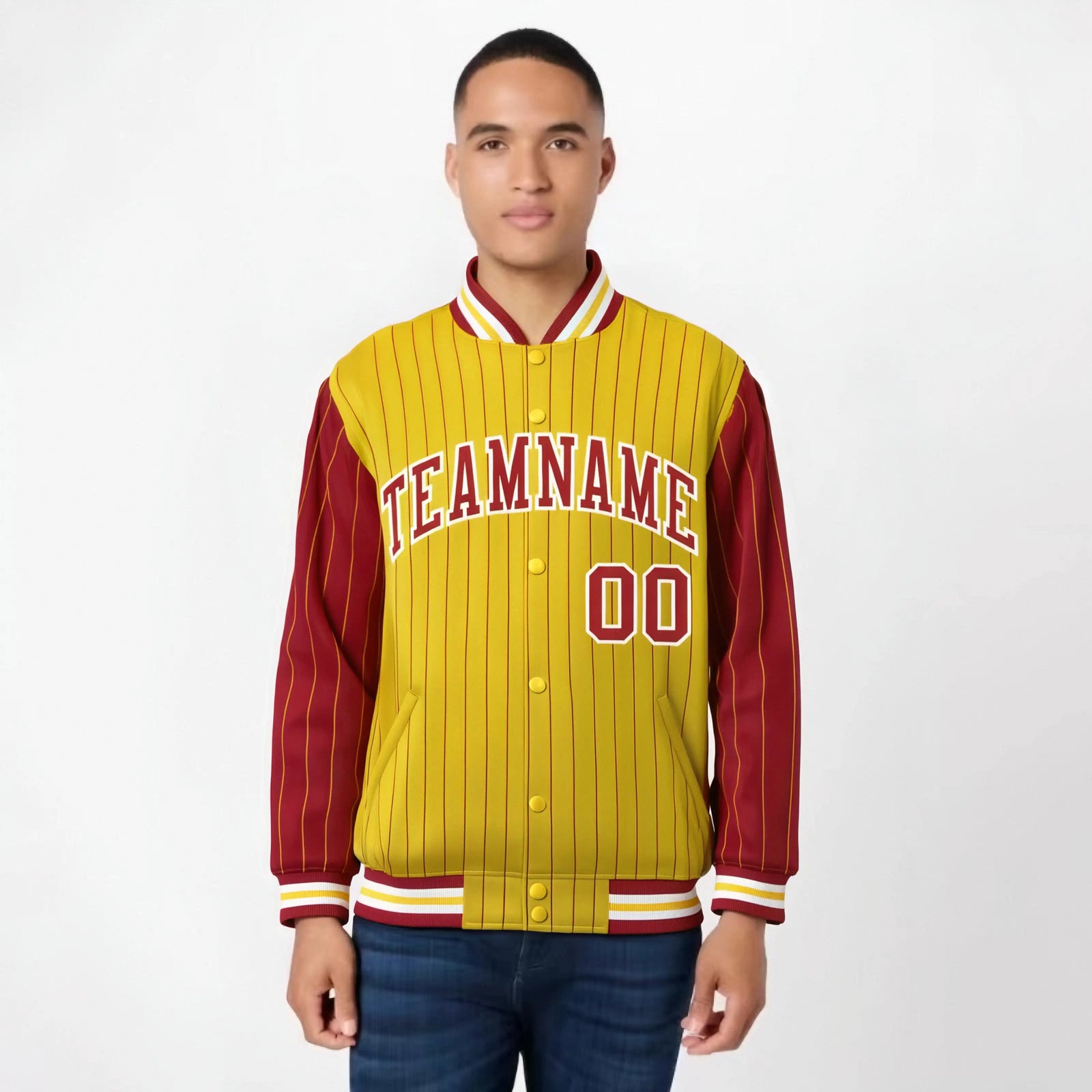 Custom Gold Red-Gold Personalized Stripe Fashion Letterman Bomber Varsity Jacket