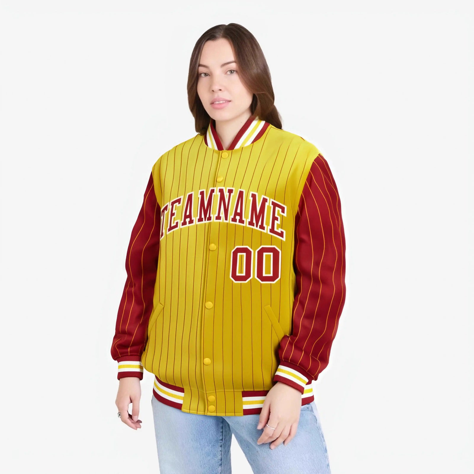 Custom Gold Red-Gold Personalized Stripe Fashion Letterman Bomber Varsity Jacket