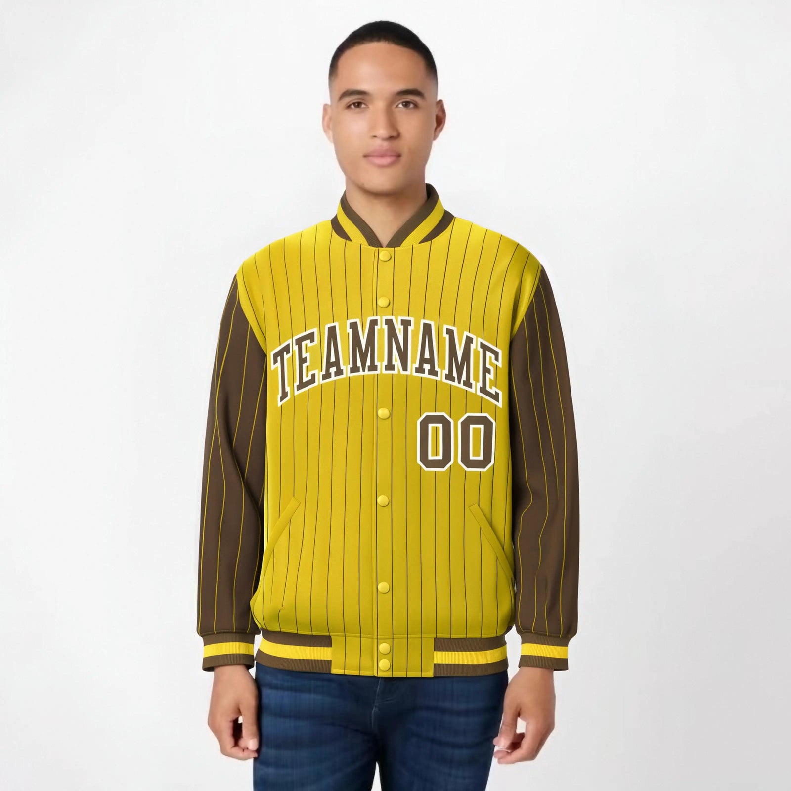 Custom Gold Brown-Gold Personalized Stripe Fashion Letterman Bomber Varsity Jacket