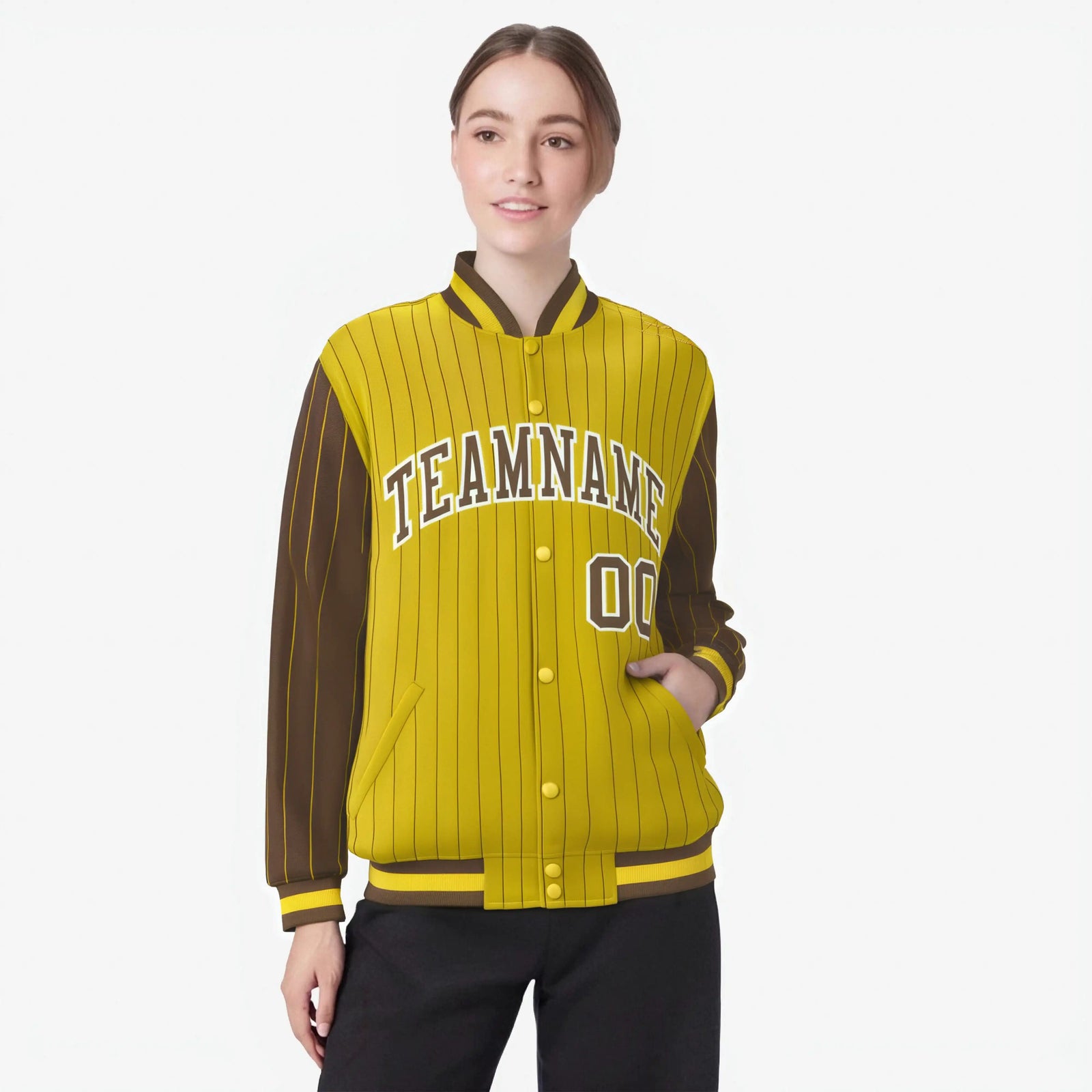 Custom Gold Brown-Gold Personalized Stripe Fashion Letterman Bomber Varsity Jacket