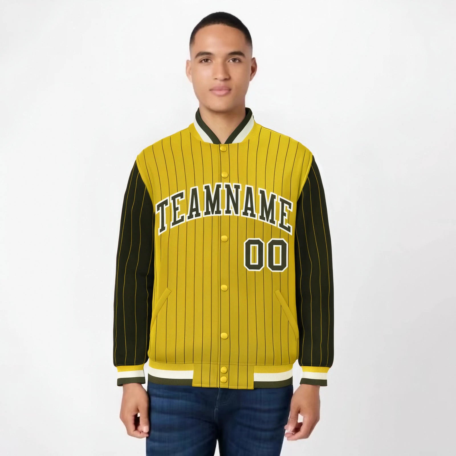Custom Gold Olive-Gold Personalized Stripe Fashion Letterman Bomber Varsity Jacket
