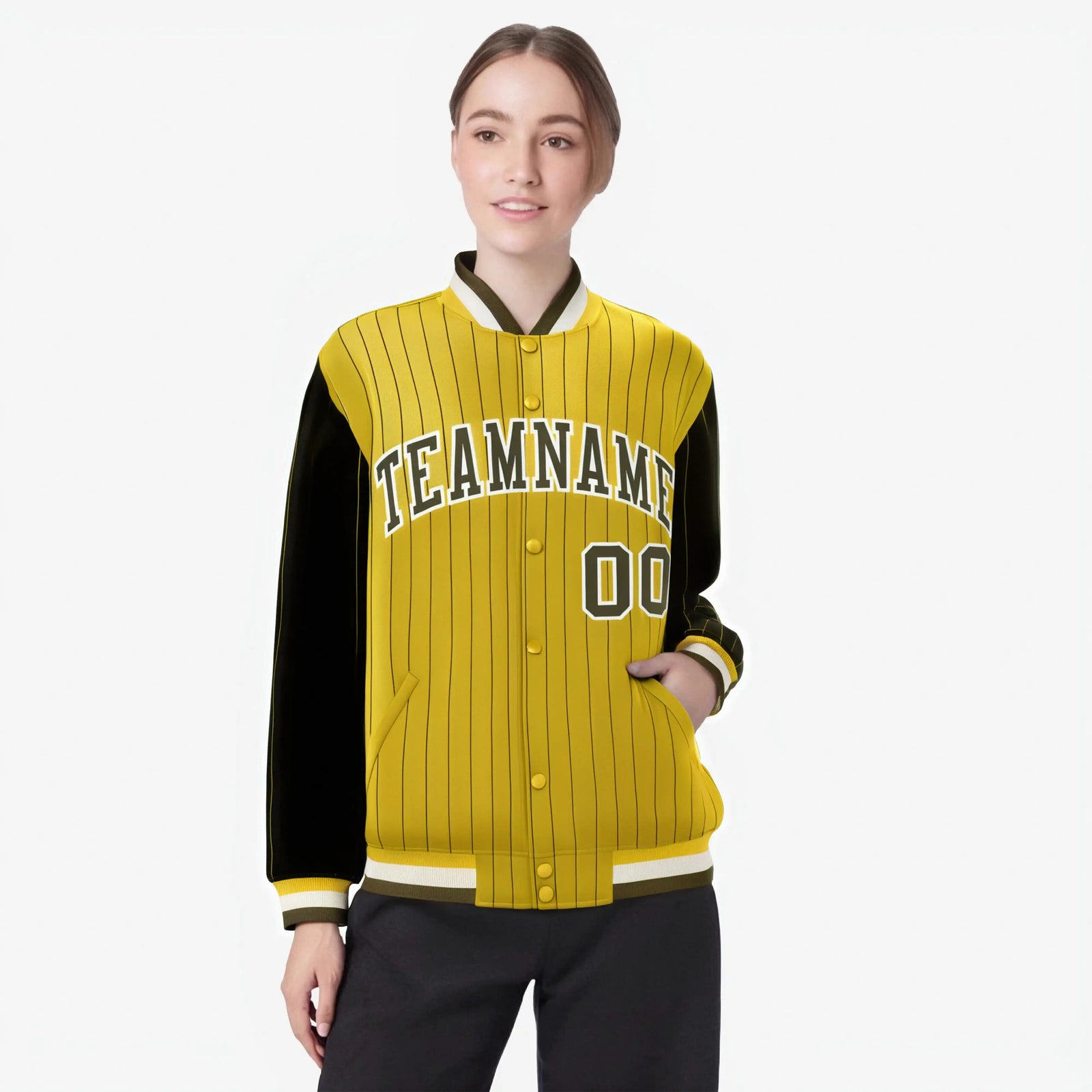 Custom Gold Olive-Gold Personalized Stripe Fashion Letterman Bomber Varsity Jacket