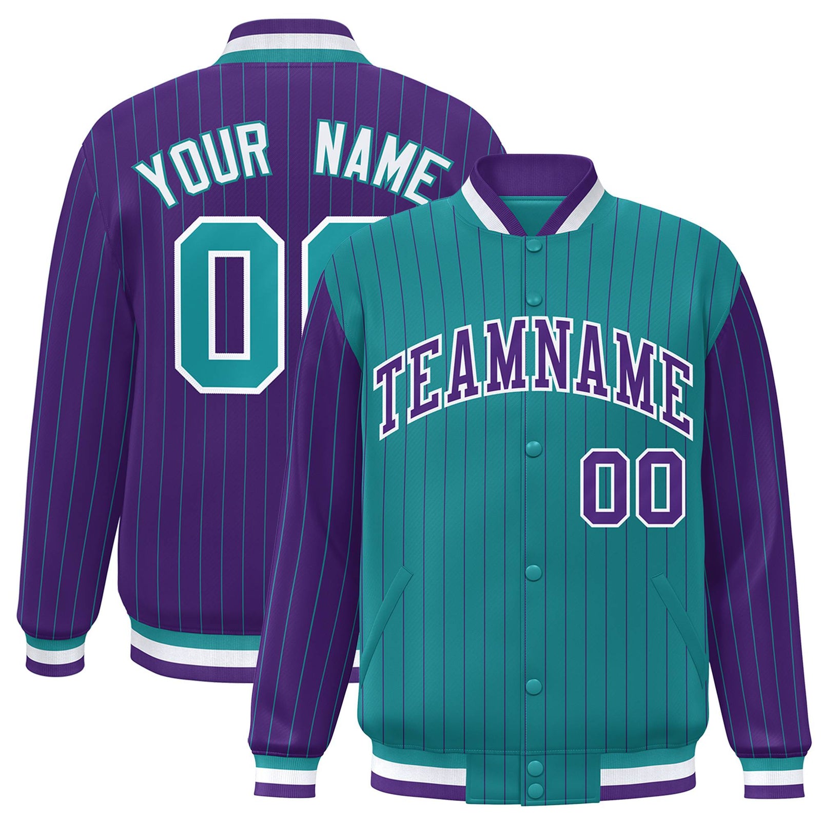Custom Aqua Purple-Aqua Personalized Stripe Fashion Letterman Bomber Varsity Jacket