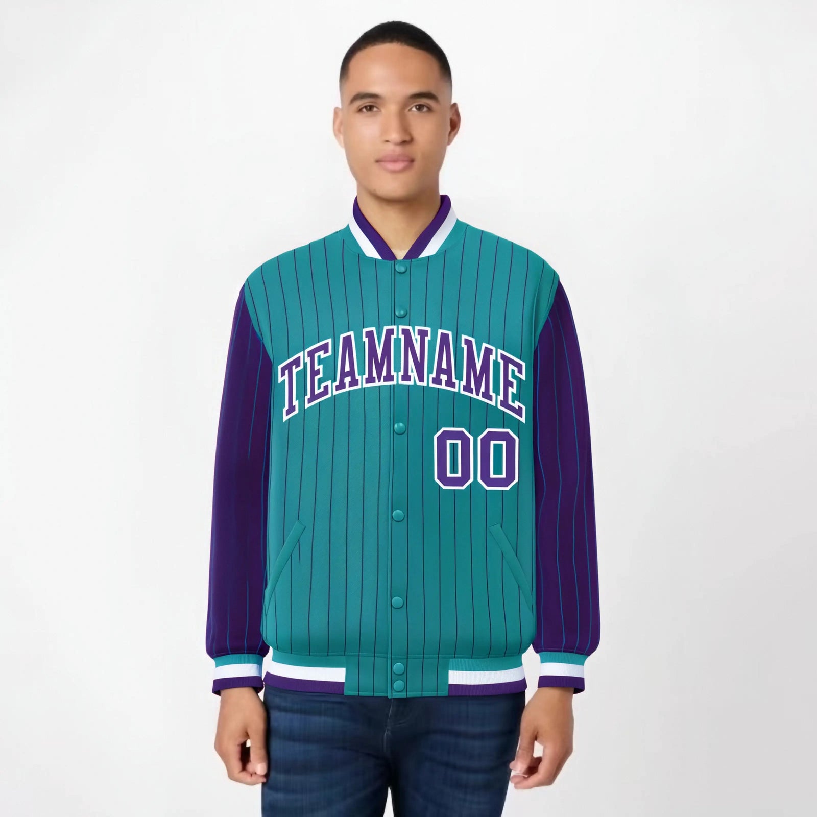 Custom Aqua Purple-Aqua Personalized Stripe Fashion Letterman Bomber Varsity Jacket