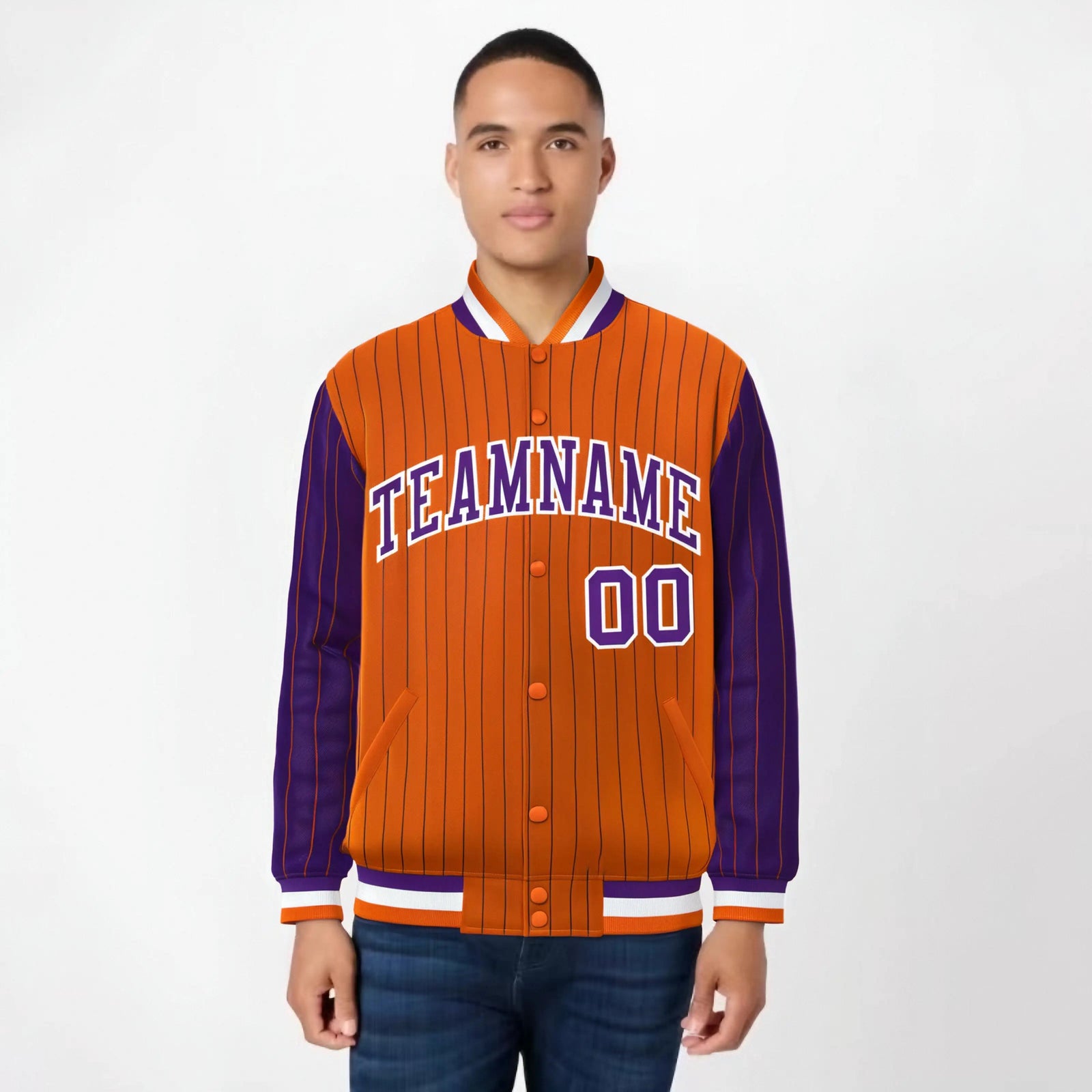 Custom Orange Purple-Orange Personalized Stripe Fashion Letterman Bomber Varsity Jacket