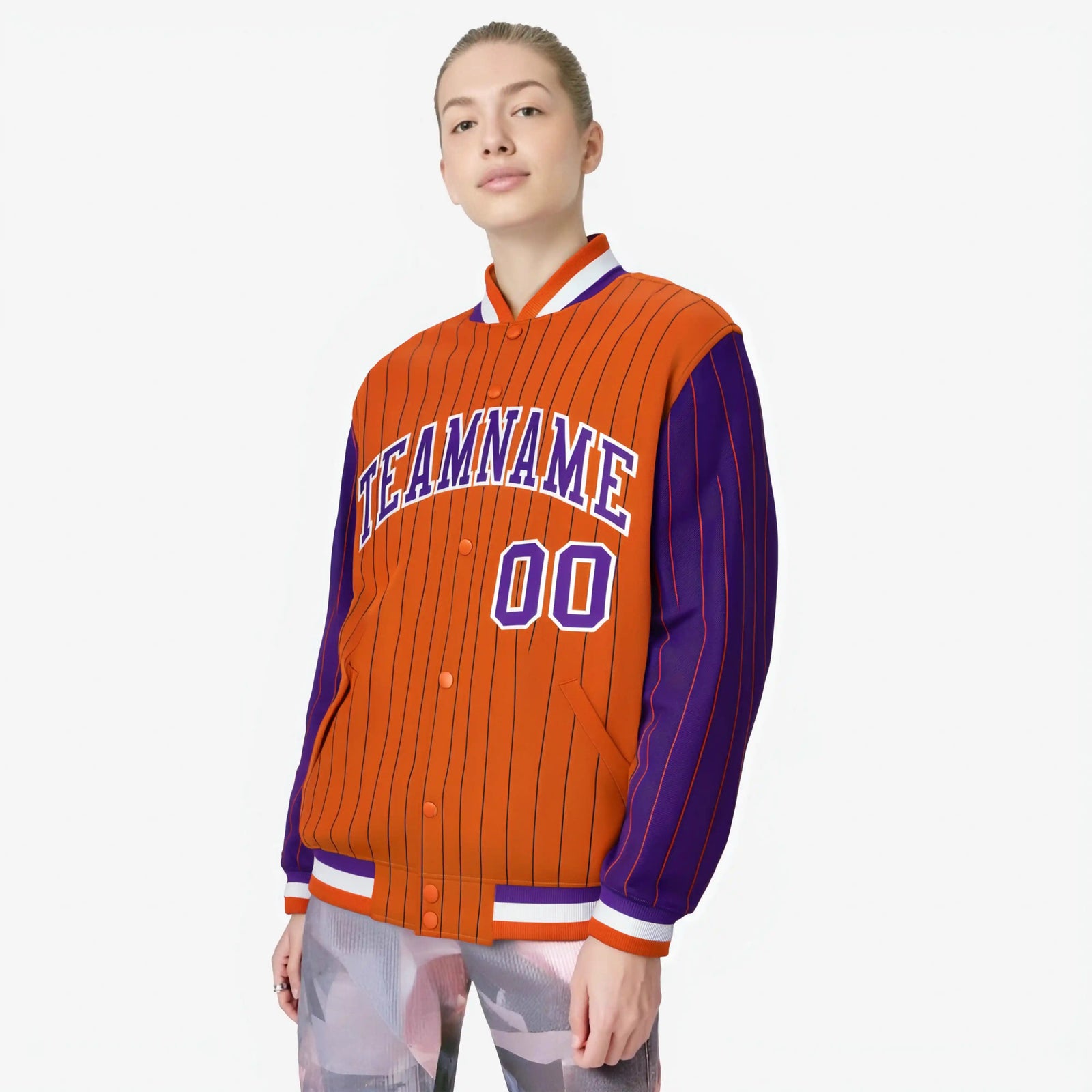Custom Orange Purple-Orange Personalized Stripe Fashion Letterman Bomber Varsity Jacket