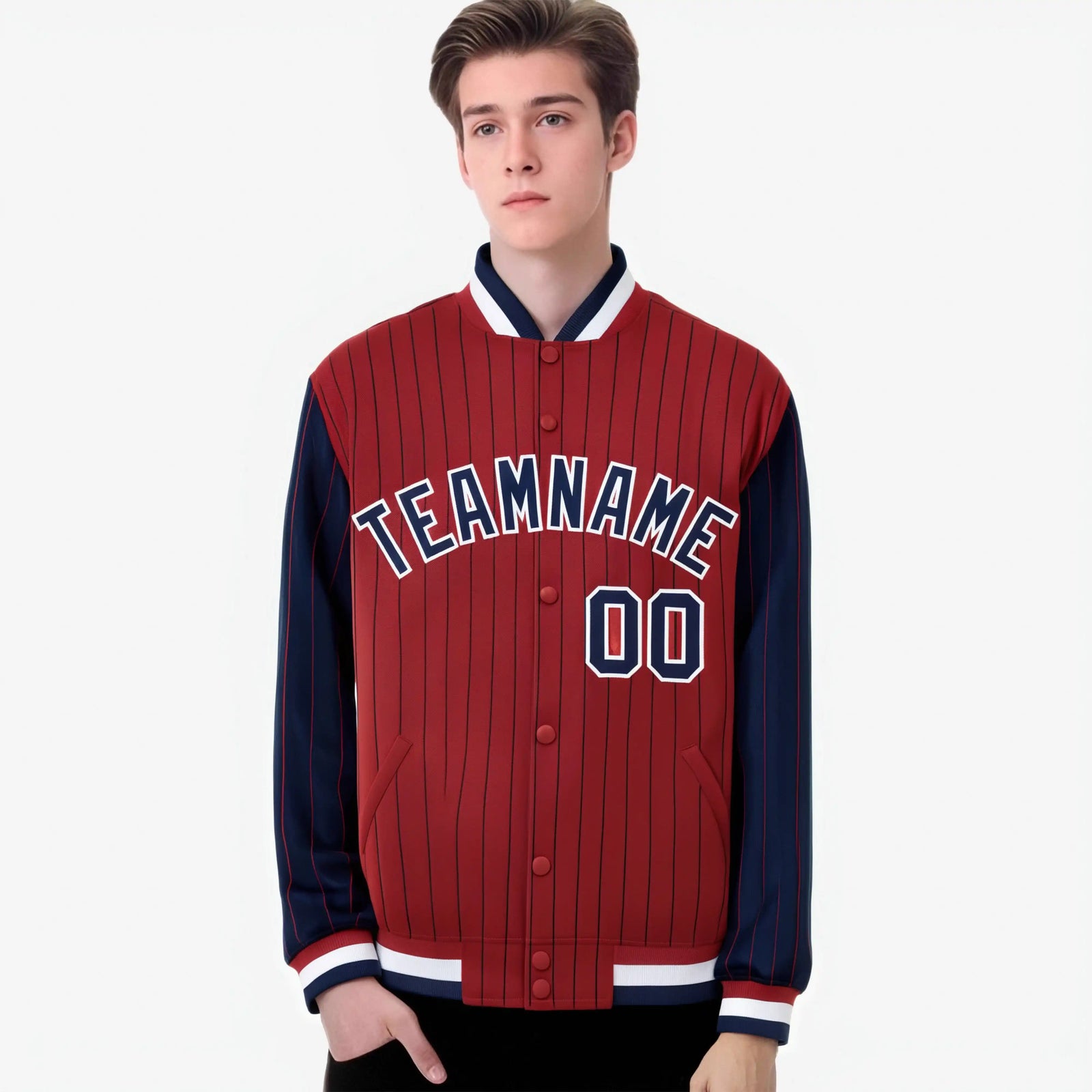 Custom Red Navy-Red Personalized Stripe Fashion Letterman Bomber Varsity Jacket