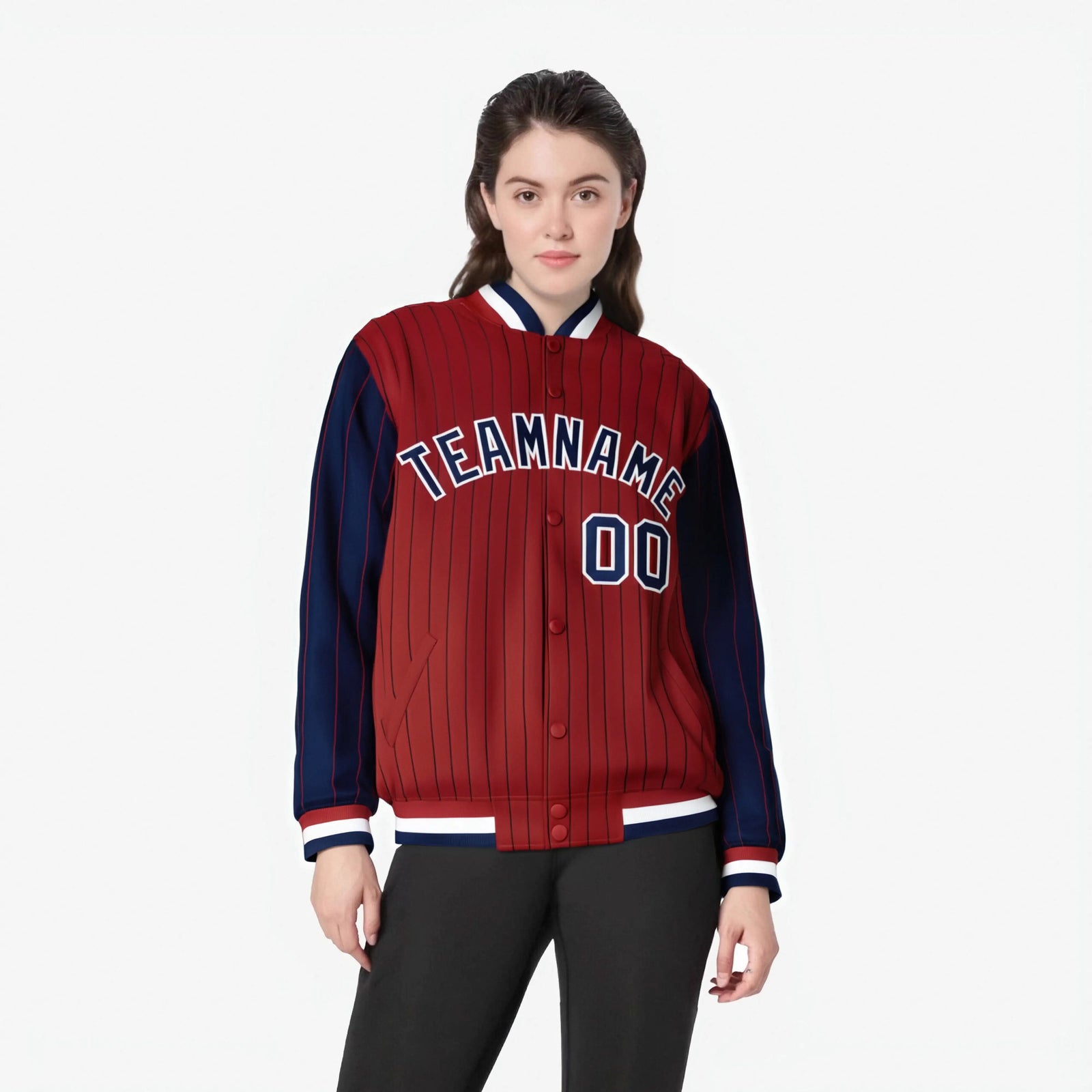 Custom Red Navy-Red Personalized Stripe Fashion Letterman Bomber Varsity Jacket