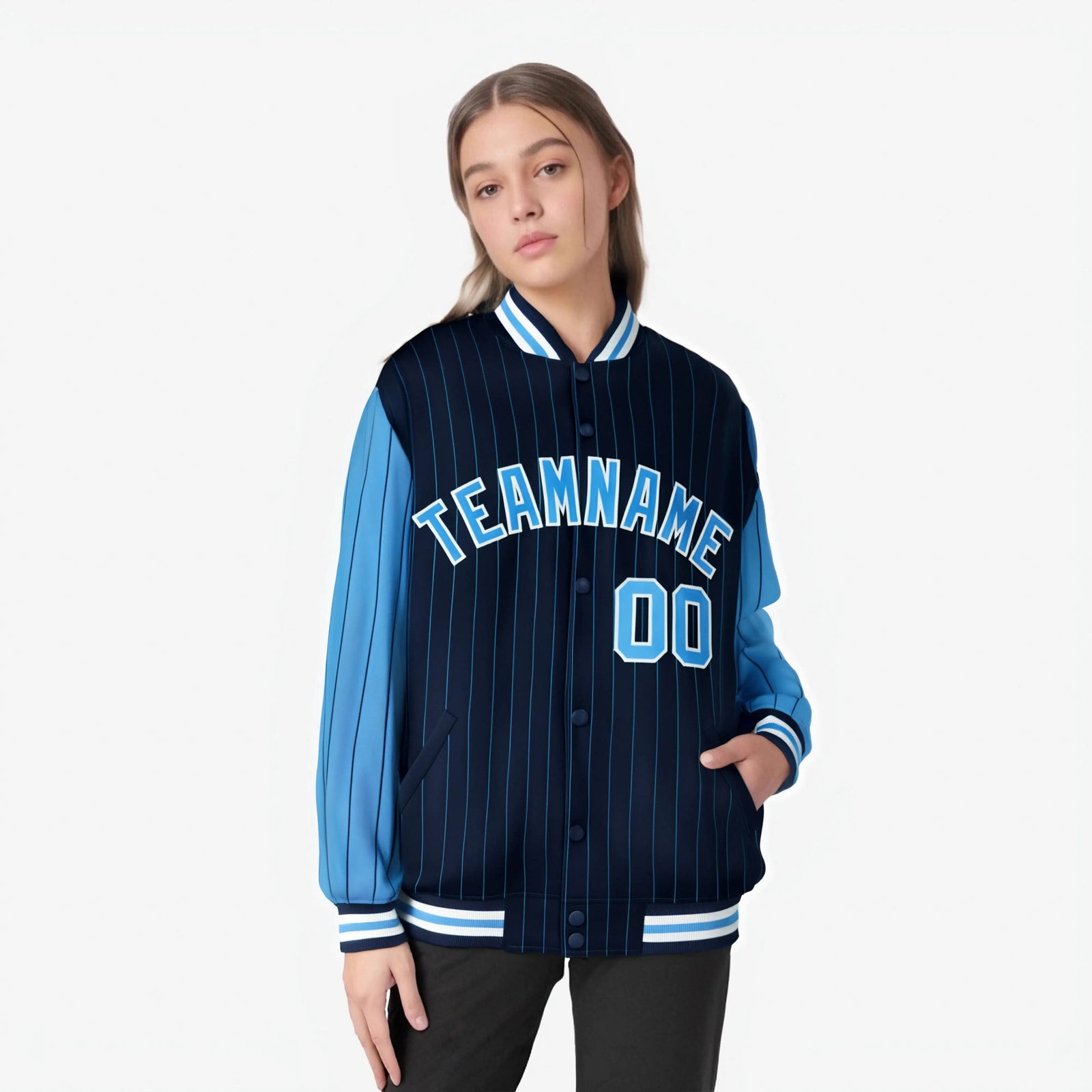 Custom Navy Powder Blue-Navy Personalized Stripe Fashion Letterman Bomber Varsity Jacket
