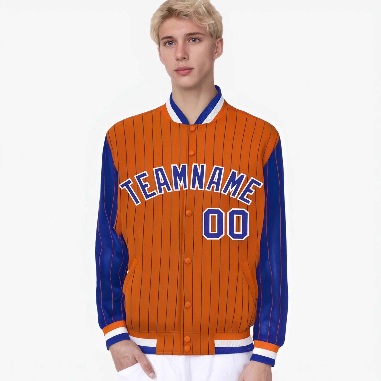 Custom Orange Royal Blue-Orange Personalized Stripe Fashion Letterman Bomber Varsity Jacket