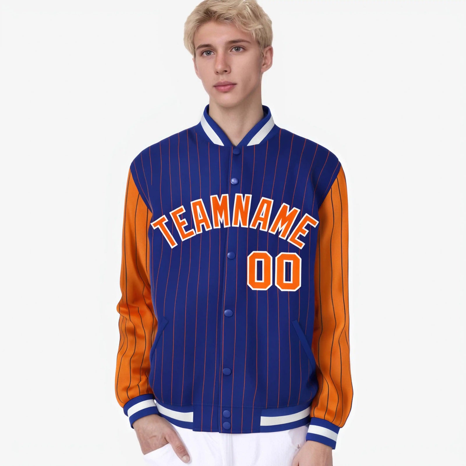 Custom Royal Blue Orange-Royal Blue Personalized Stripe Fashion Letterman Bomber Varsity Jacket