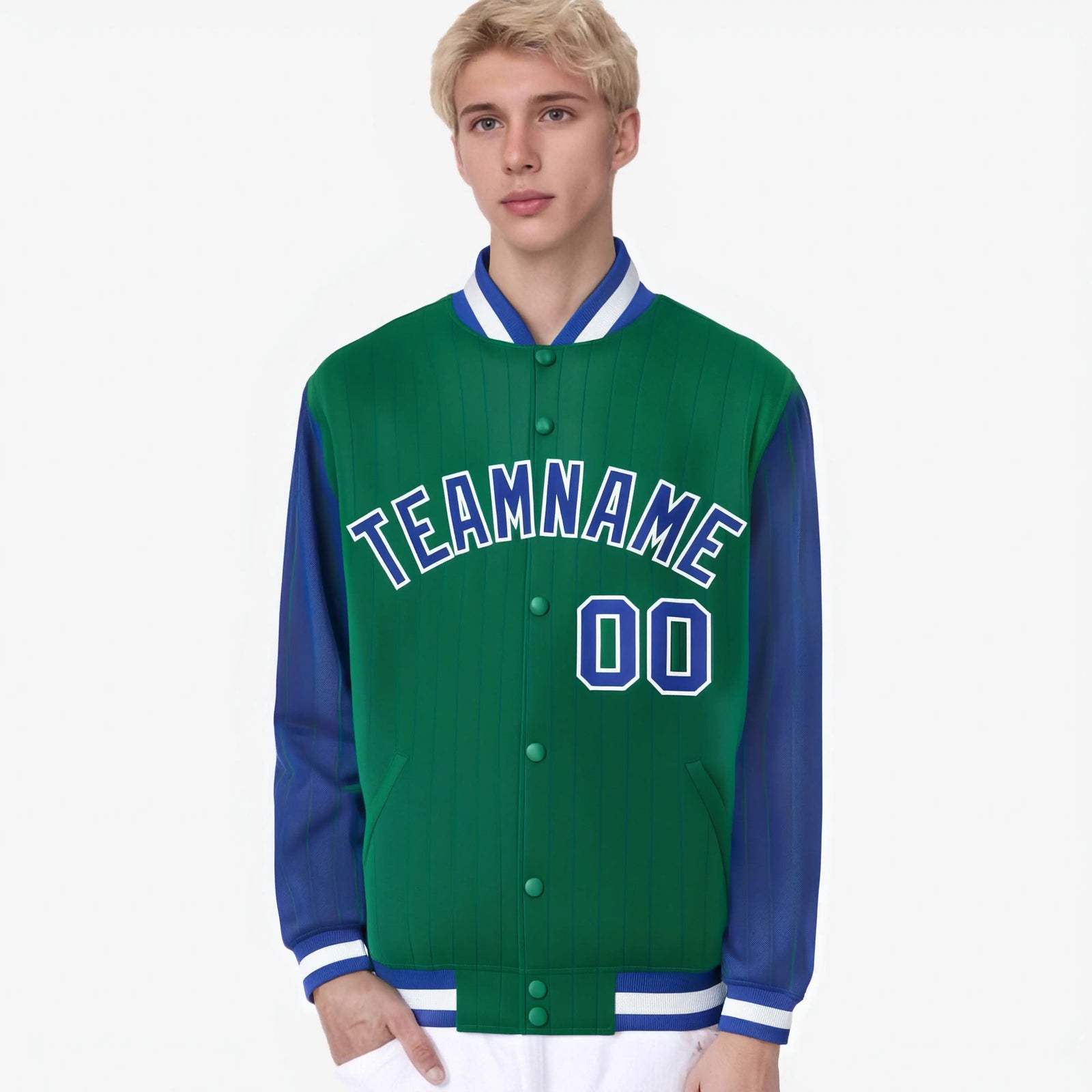 Custom Kelly Green Royal Blue-Kelly Green Personalized Stripe Fashion Letterman Bomber Varsity Jacket