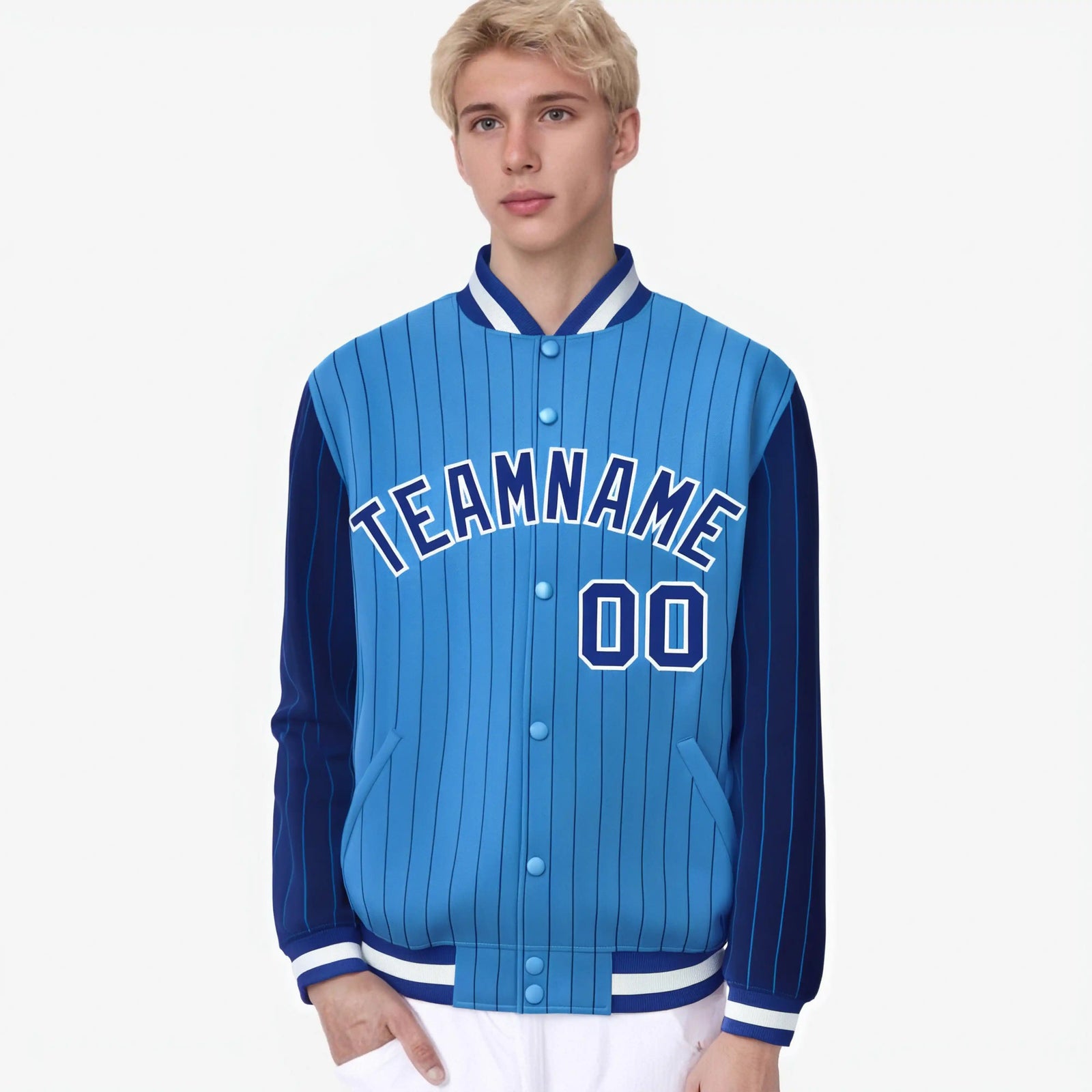 Custom Powder Blue Royal Blue-Powder Blue Personalized Stripe Fashion Letterman Bomber Varsity Jacket