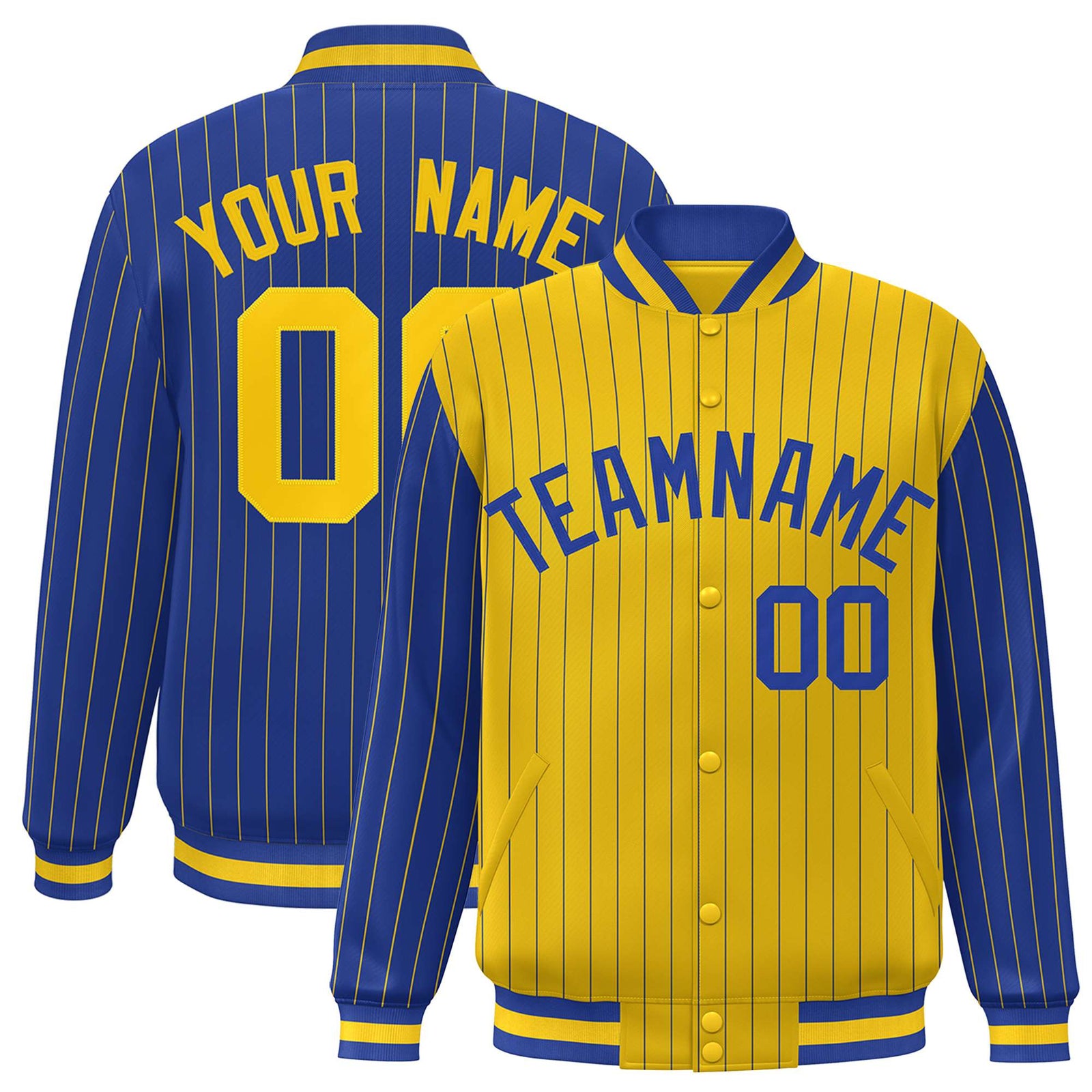Custom Gold Royal Blue-Gold Personalized Stripe Fashion Letterman Bomber Varsity Jacket