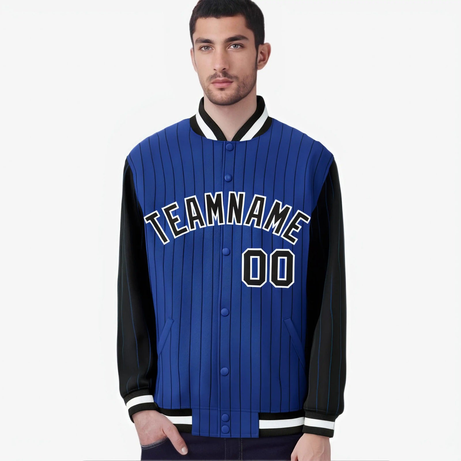 Custom Royal Blue Black-Royal Blue Personalized Stripe Fashion Letterman Bomber Varsity Jacket