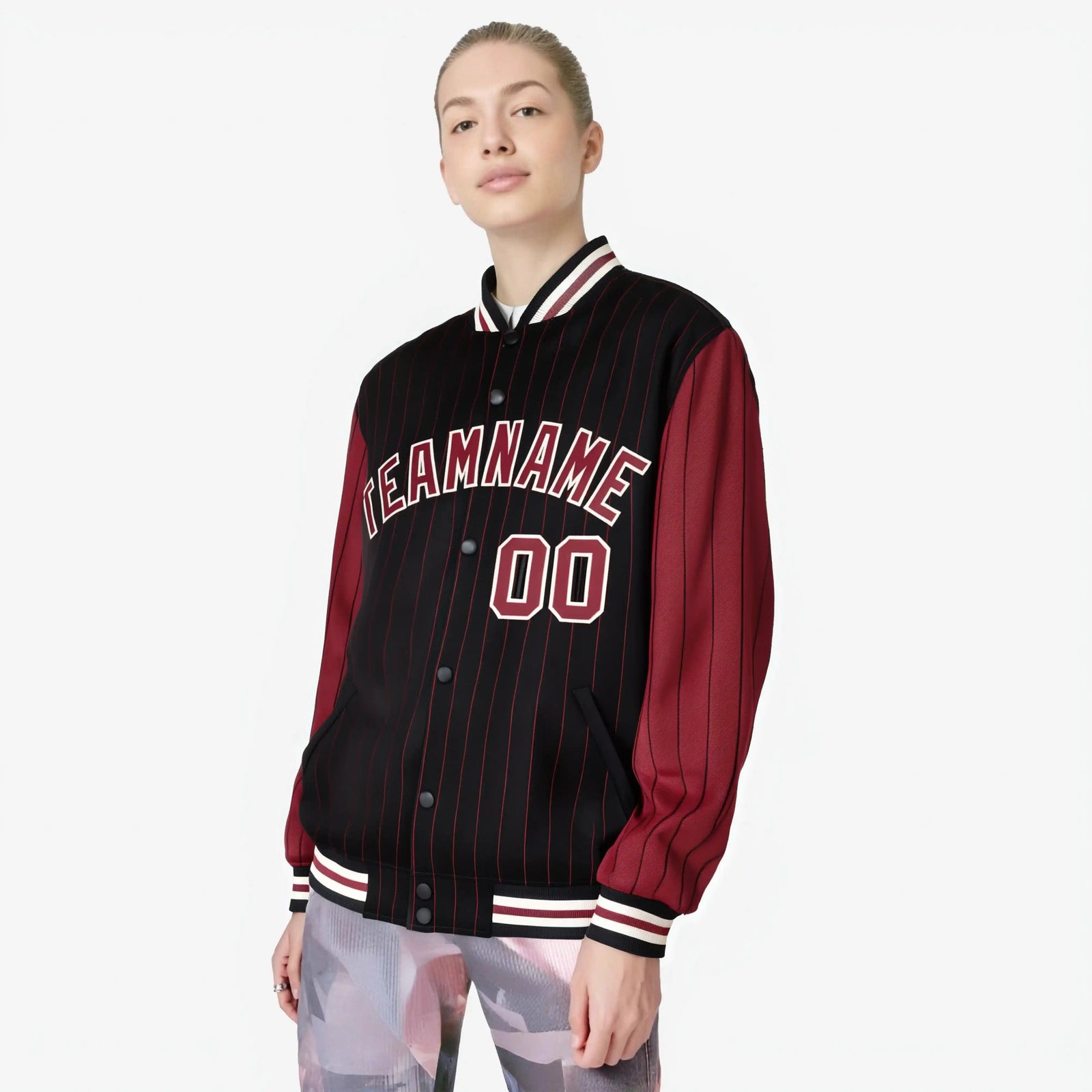 Custom Black Crimson-Black Personalized Stripe Fashion Letterman Bomber Varsity Jacket
