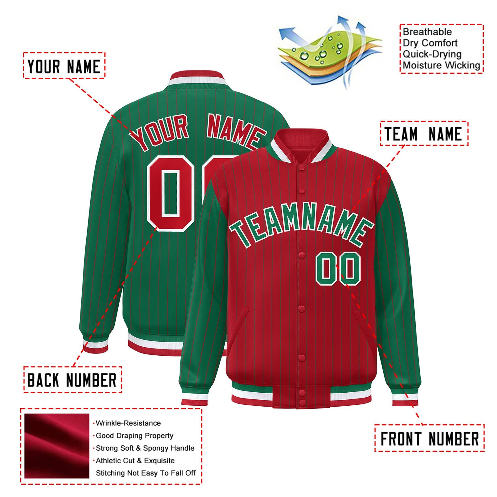 Custom Red Green-Red Personalized Stripe Fashion Letterman Bomber Varsity Jacket