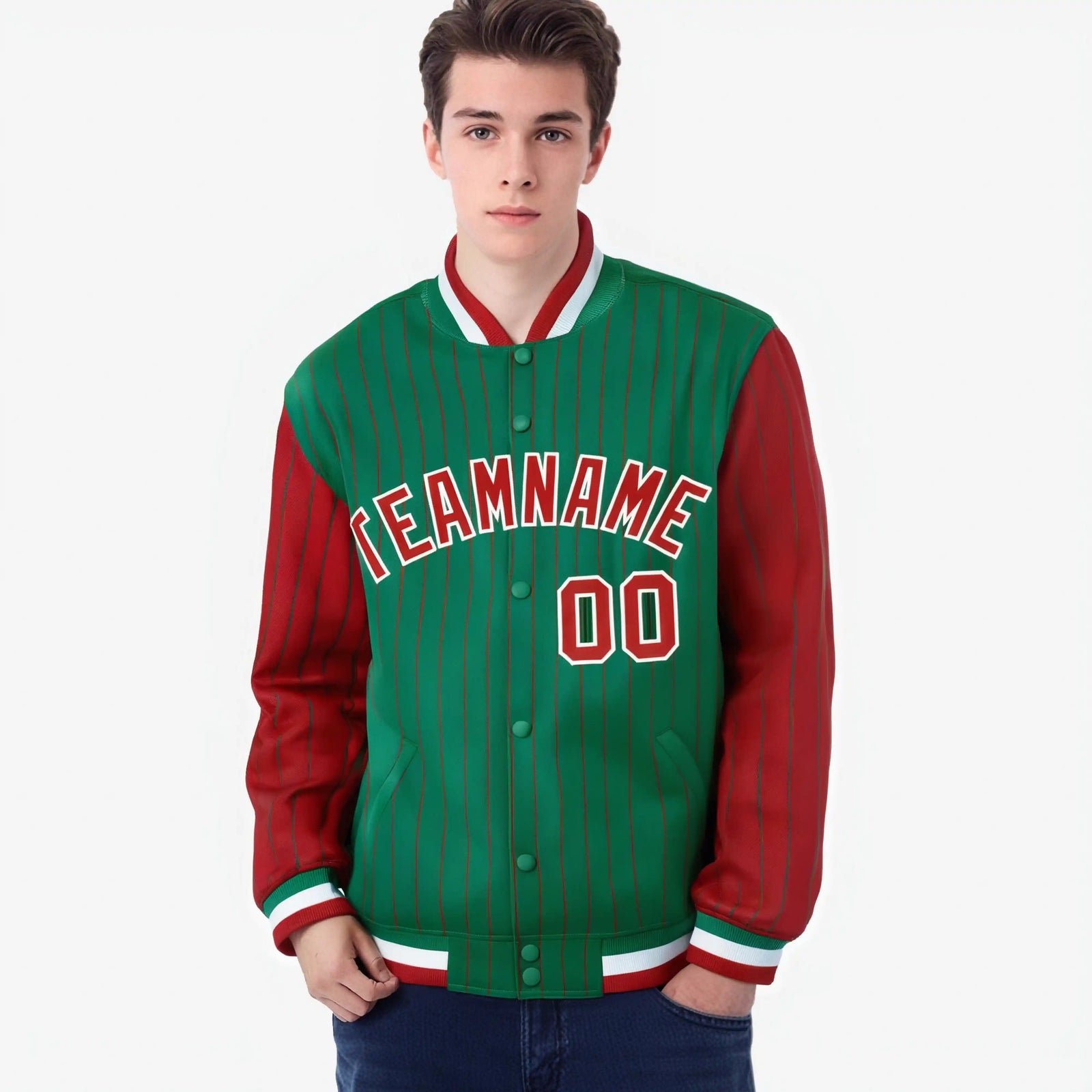Custom Green Red-Green Personalized Stripe Fashion Letterman Bomber Varsity Jacket