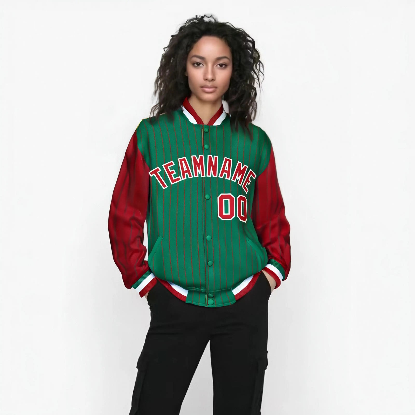 Custom Green Red-Green Personalized Stripe Fashion Letterman Bomber Varsity Jacket