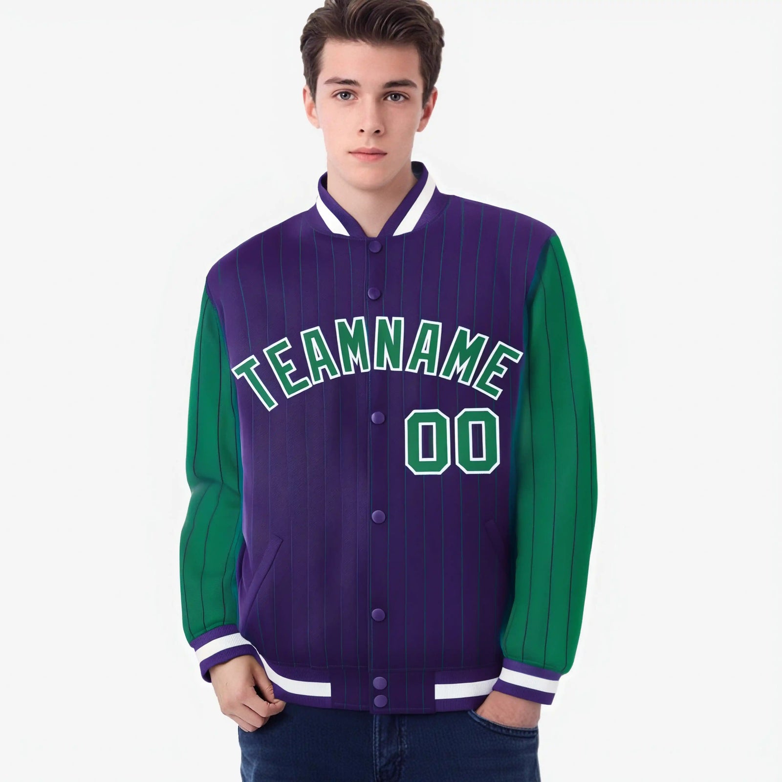 Custom Purple Green-Purple Personalized Stripe Fashion Letterman Bomber Varsity Jacket