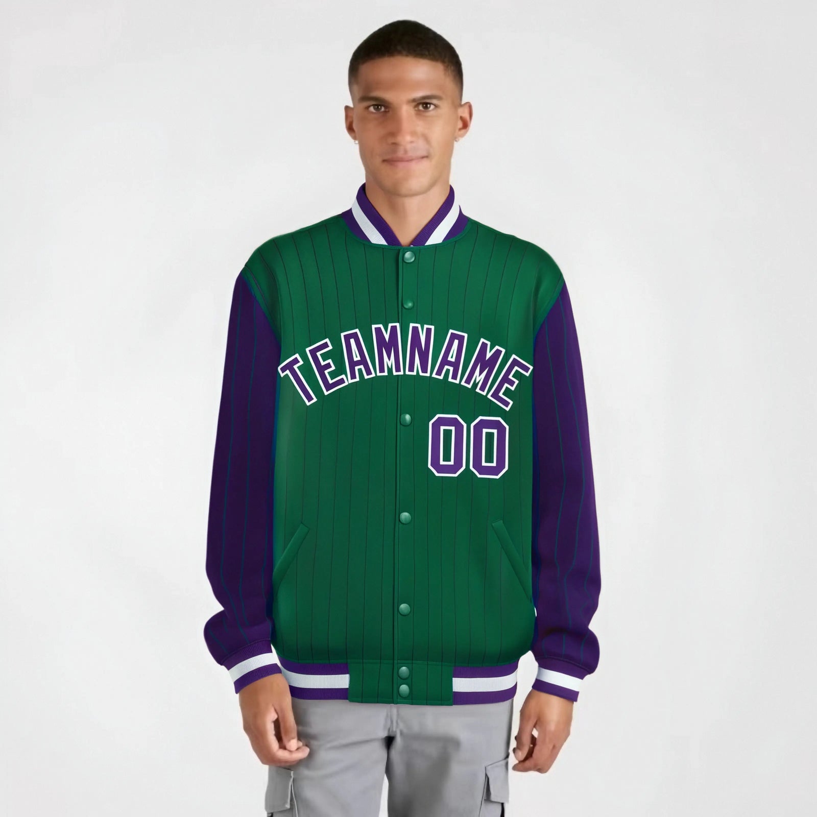 Custom Green Purple-Green Personalized Stripe Fashion Letterman Bomber Varsity Jacket
