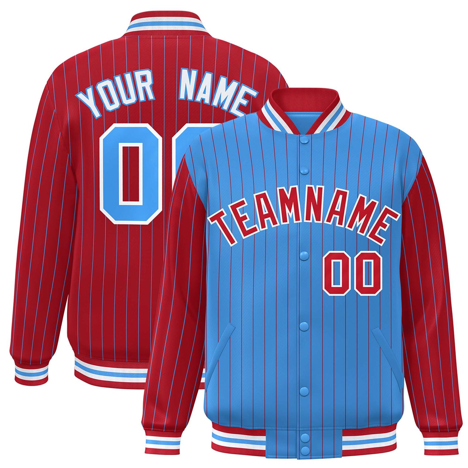 Custom Powder Blue Red-Powder Blue Personalized Stripe Fashion Letterman Bomber Varsity Jacket
