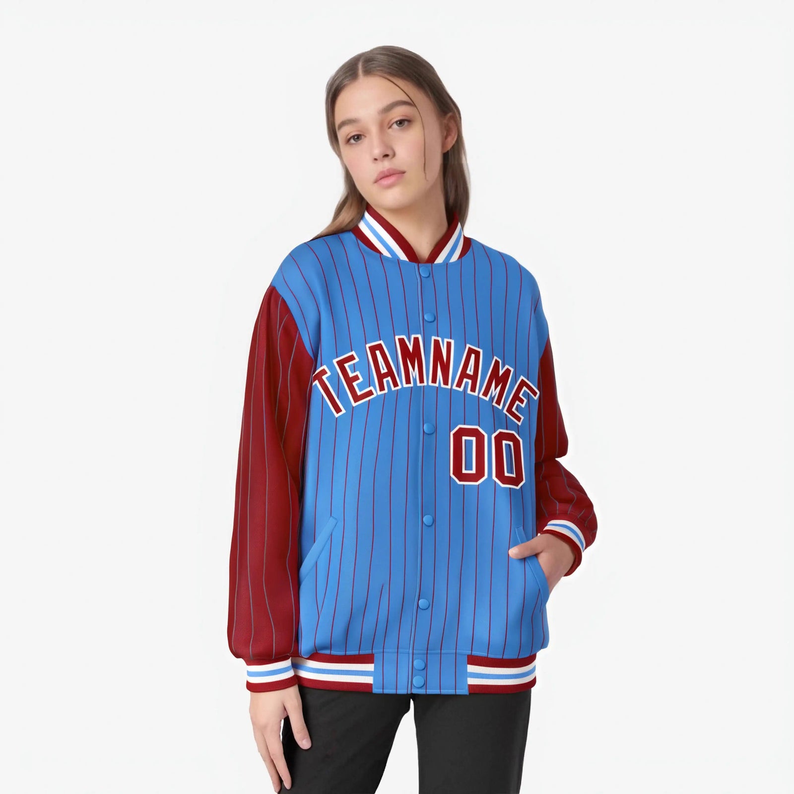 Custom Powder Blue Red-Powder Blue Personalized Stripe Fashion Letterman Bomber Varsity Jacket