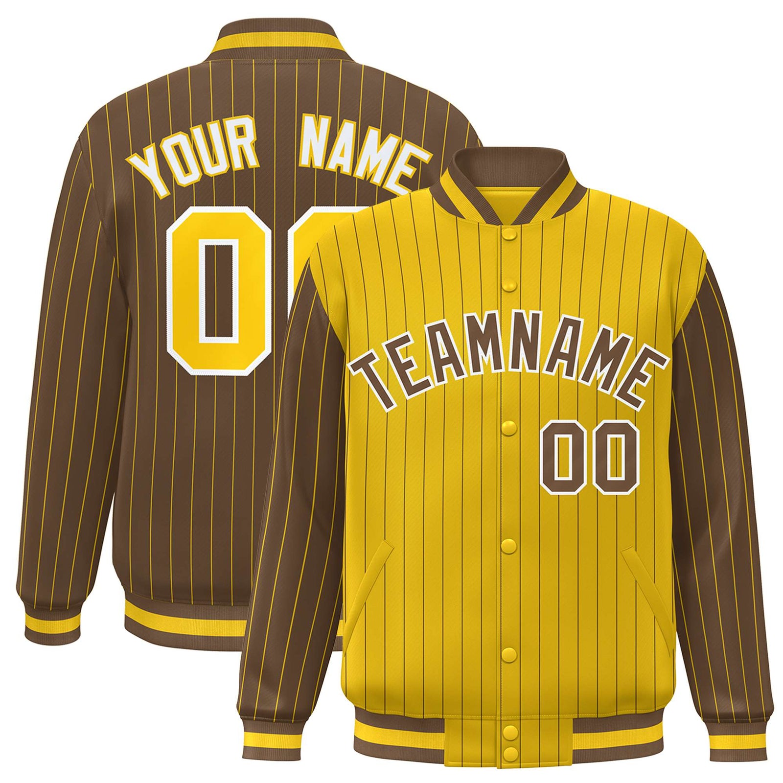 Custom Gold Brown-Gold Personalized Stripe Fashion Letterman Bomber Varsity Jacket