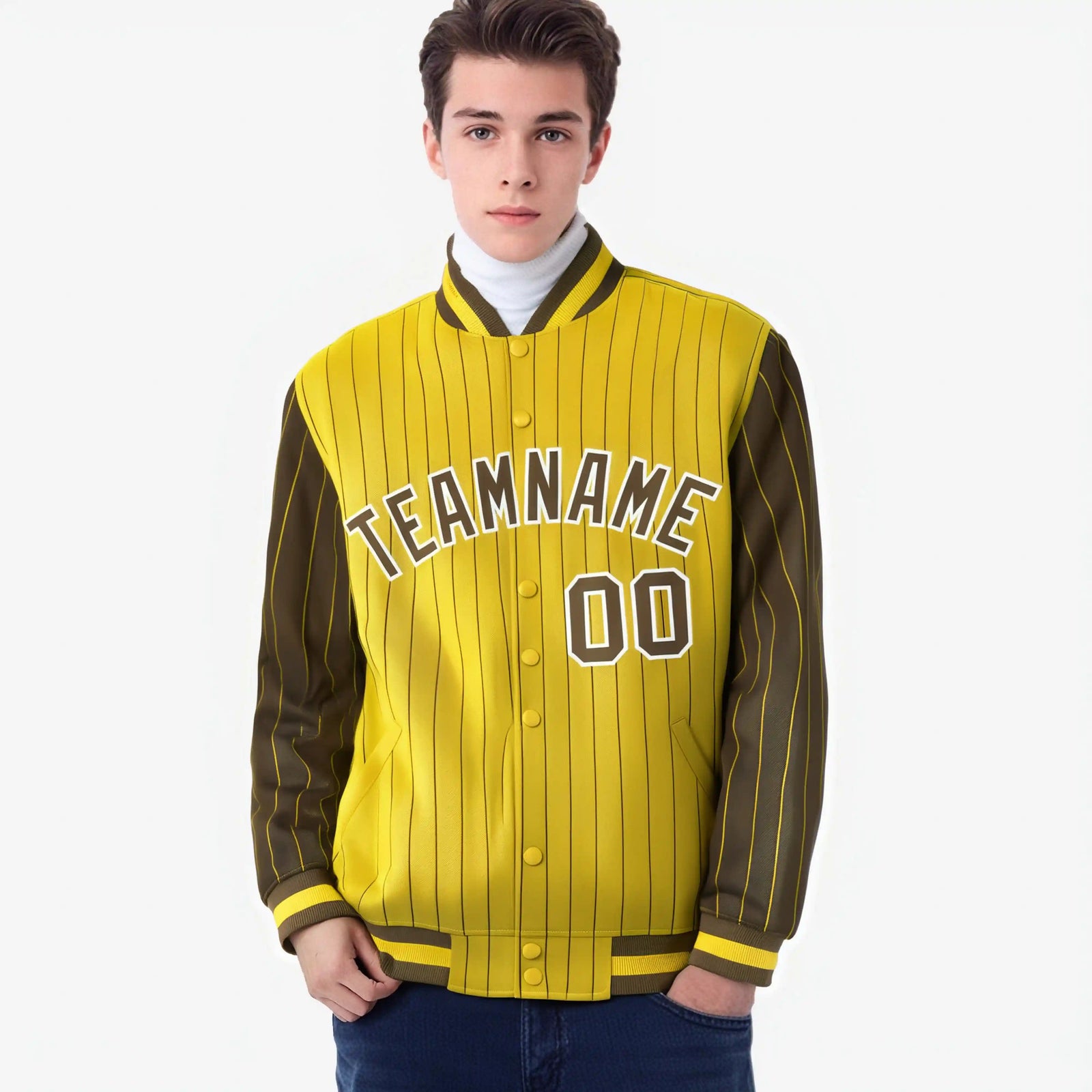 Custom Gold Brown-Gold Personalized Stripe Fashion Letterman Bomber Varsity Jacket