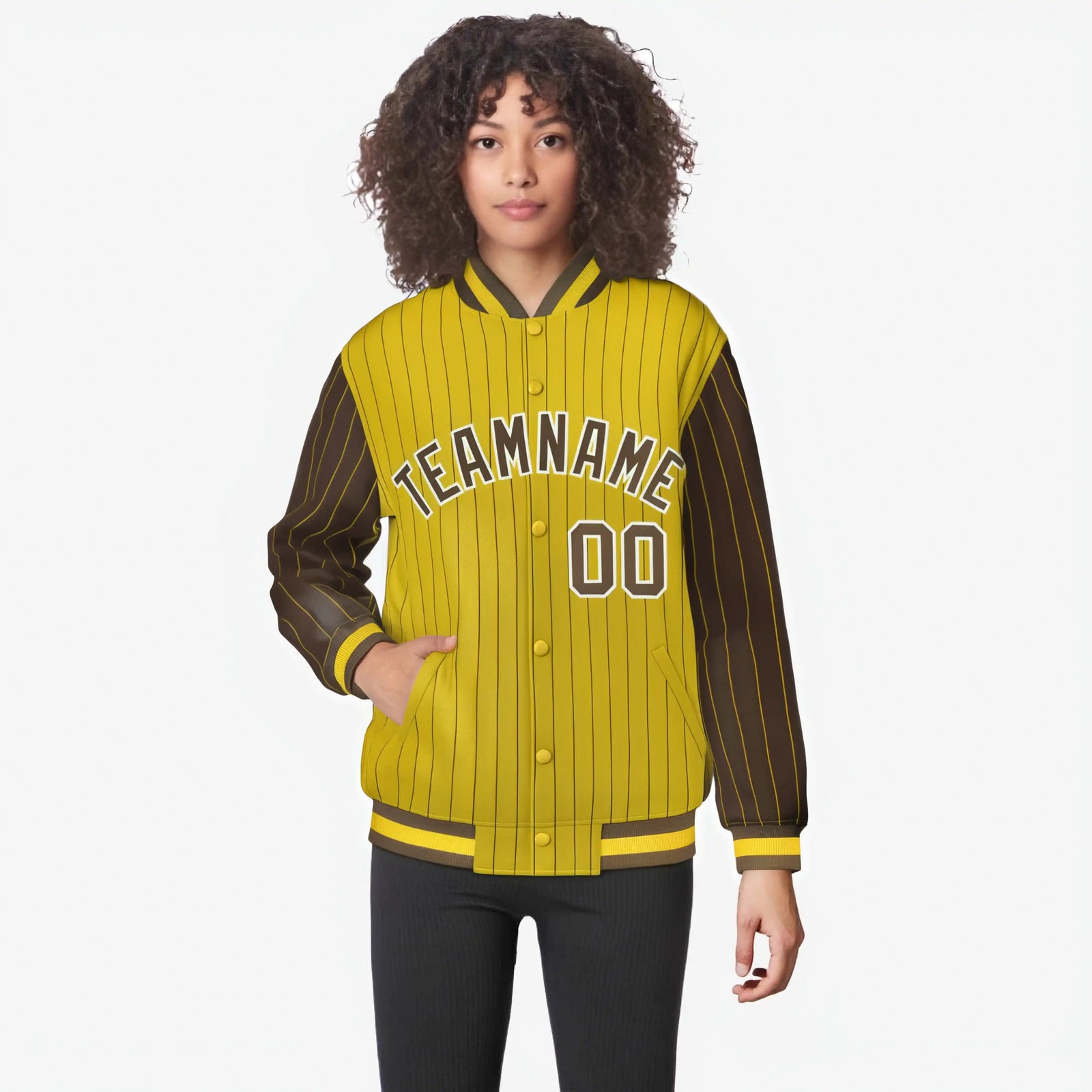 Custom Gold Brown-Gold Personalized Stripe Fashion Letterman Bomber Varsity Jacket