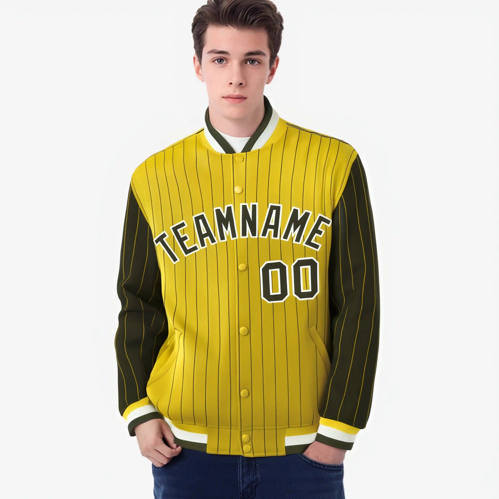 Custom Gold Olive-Gold Personalized Stripe Fashion Letterman Bomber Varsity Jacket