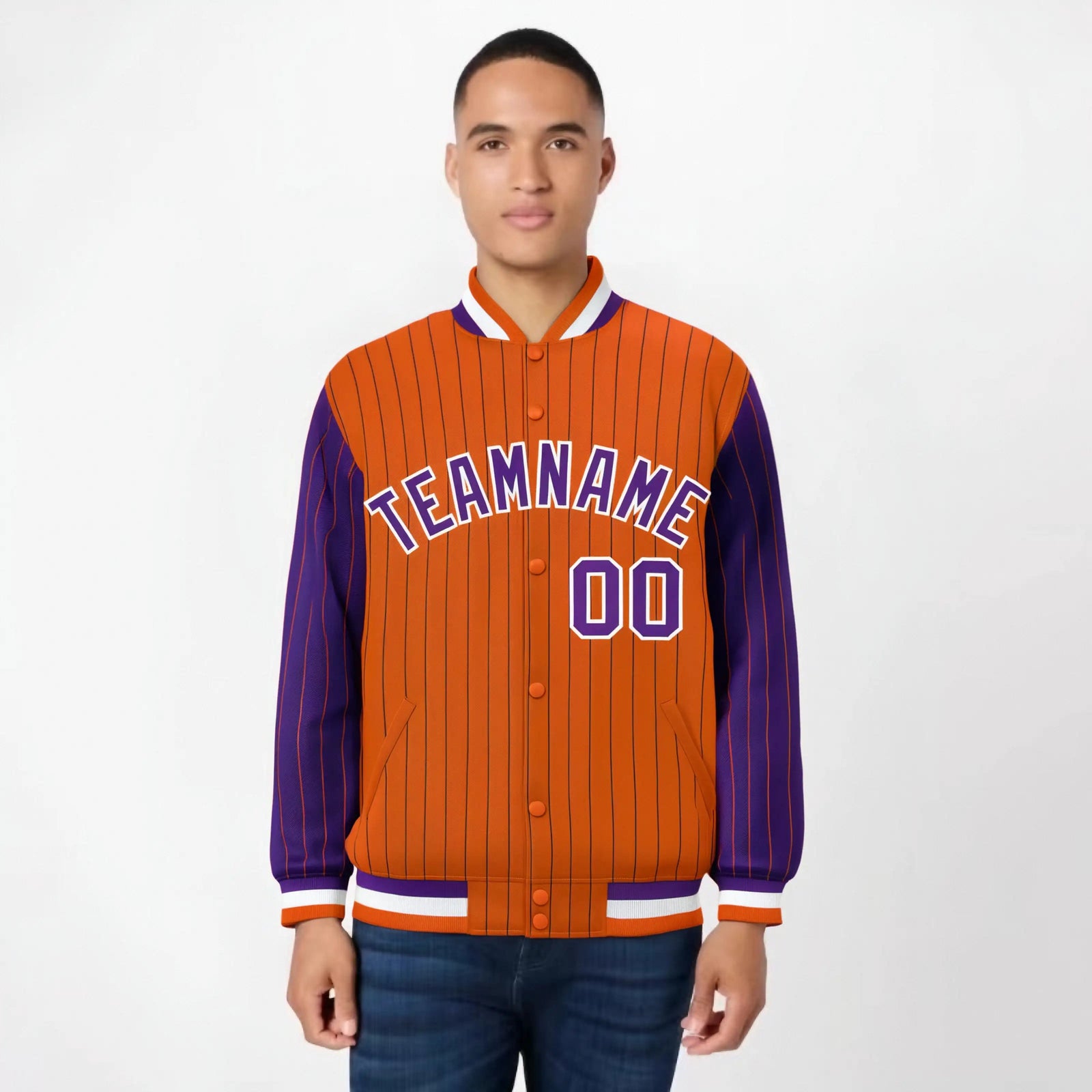 Custom Orange Purple-Orange Personalized Stripe Fashion Letterman Bomber Varsity Jacket