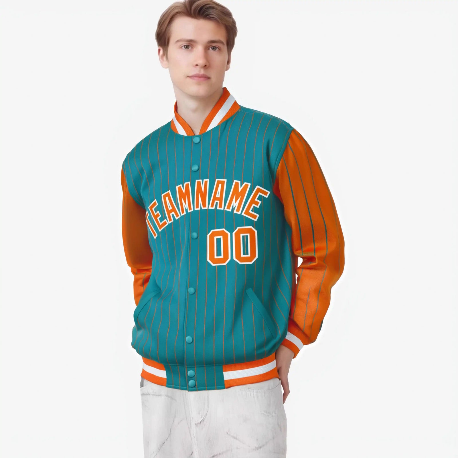 Custom Aqua Orange-Aqua Personalized Stripe Fashion Letterman Bomber Varsity Jacket